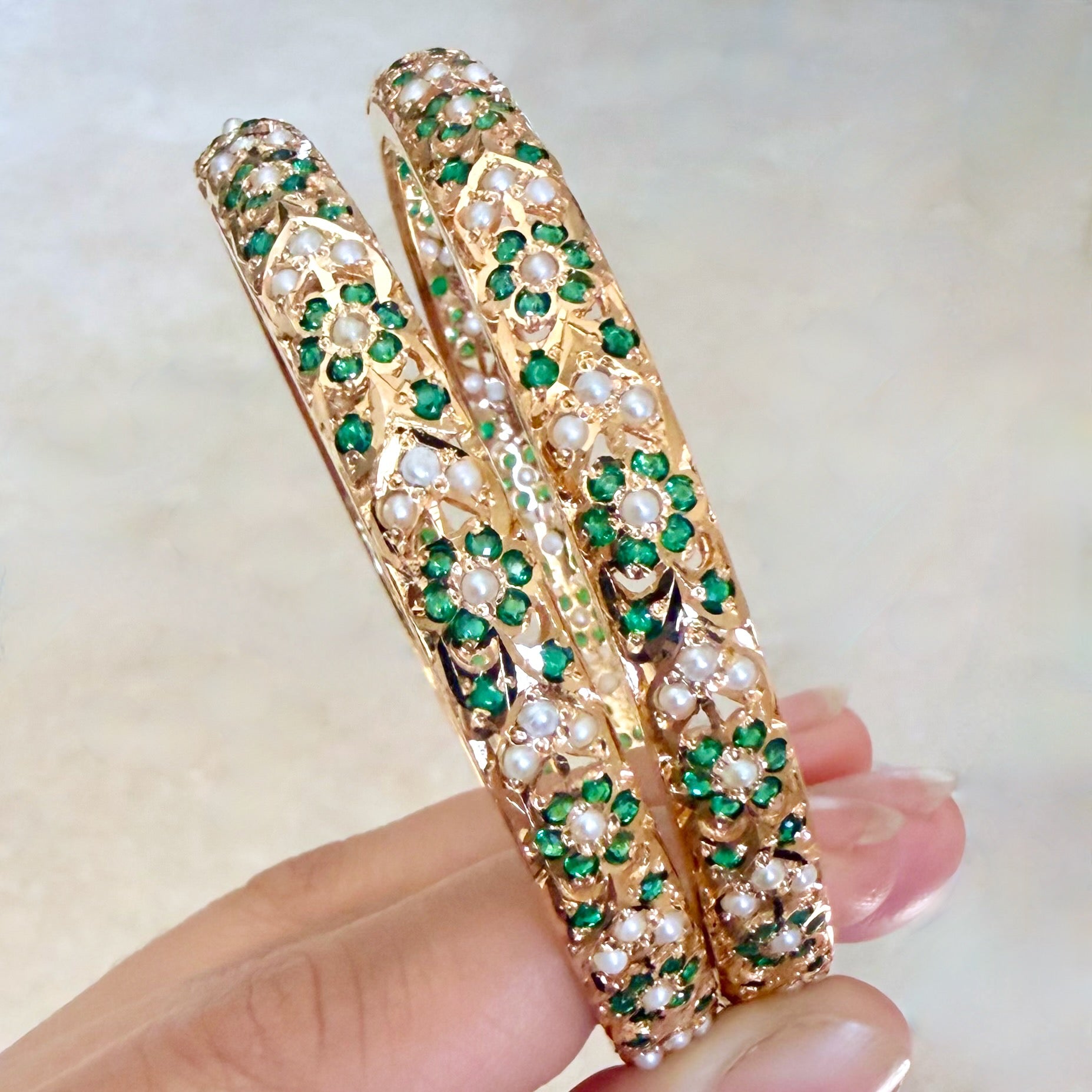 Classic Emerald Pearl Jadau Bangles | Gold Plated Silver Bangles BG 167