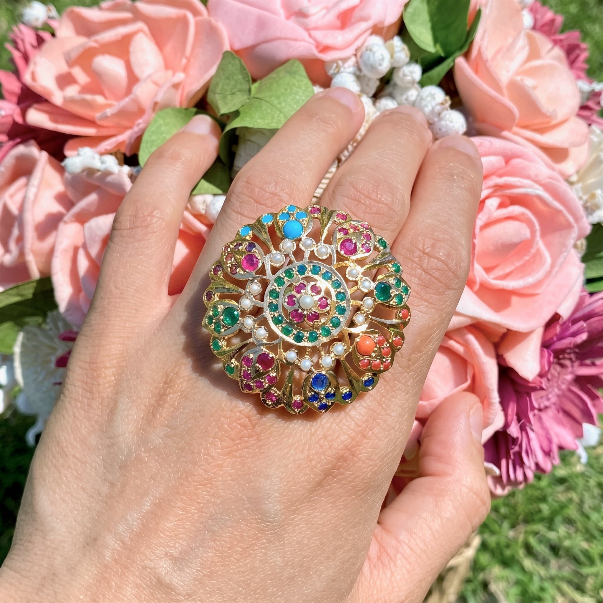 Navratan Jadau Cocktail Ring in Gold Plated Silver LR 005