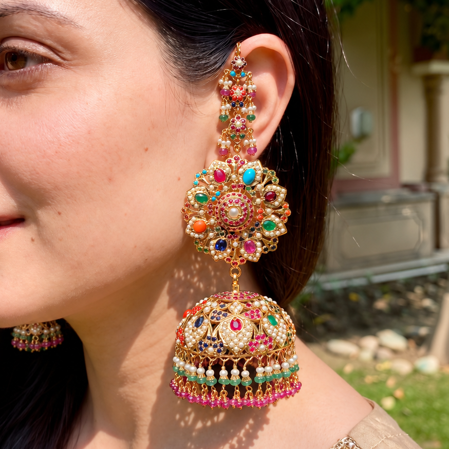 Navratna Jadau Statement Jhumkas | Gold Plated on 925 Silver ER 799