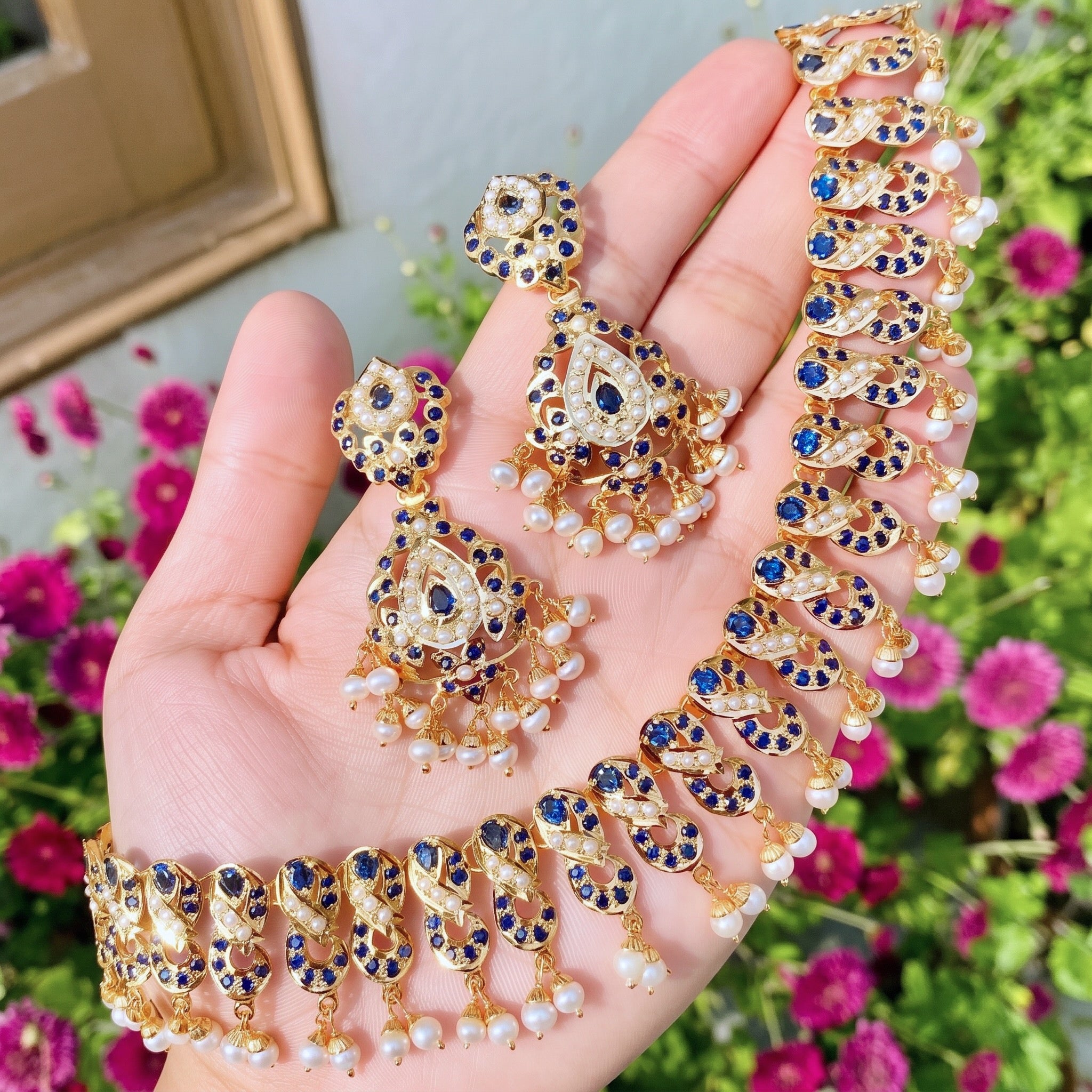 pearl and blue sapphire necklace set