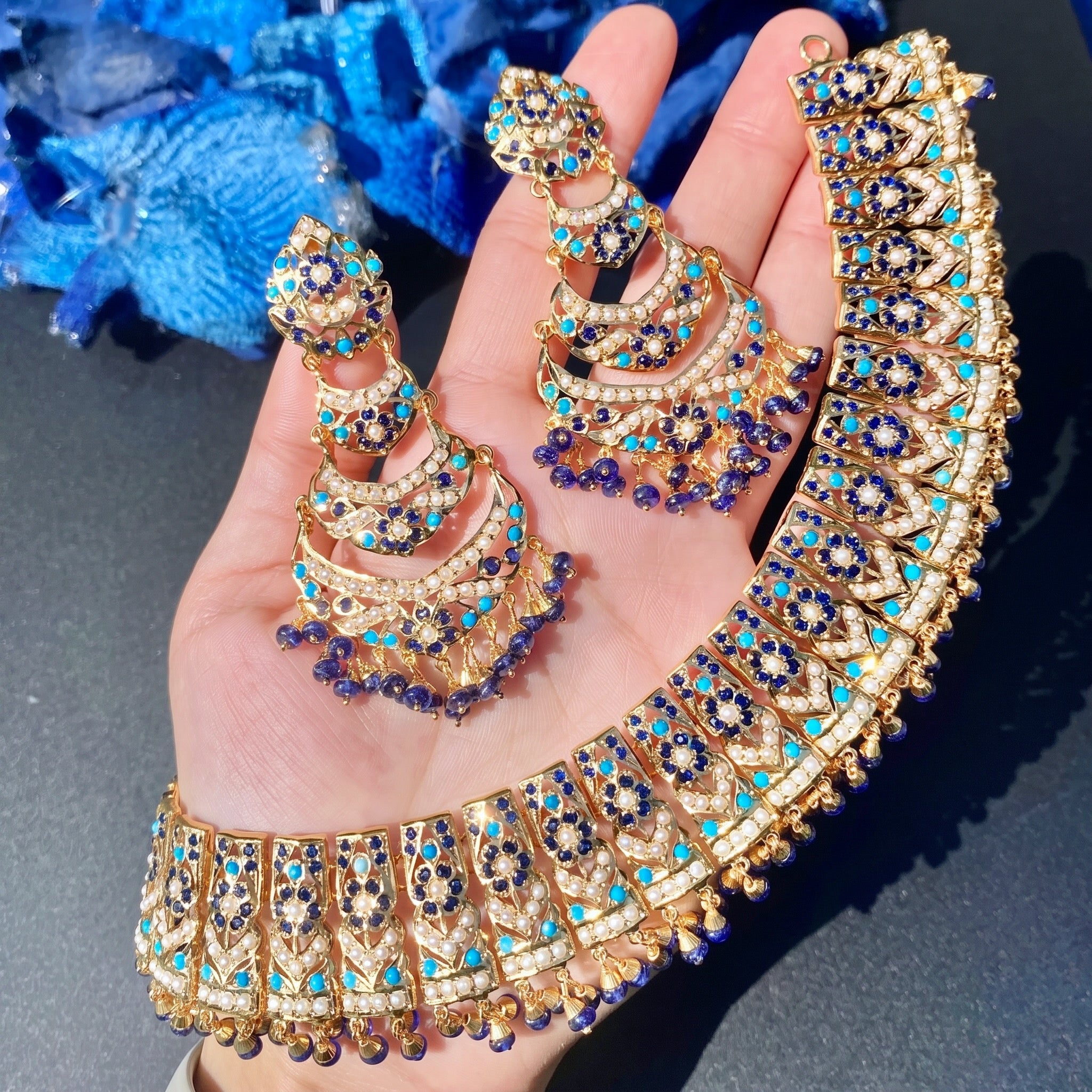 Classic Jadau Necklace Set in Unique Color Combination | Gold Plated on 925 Silver NS 448