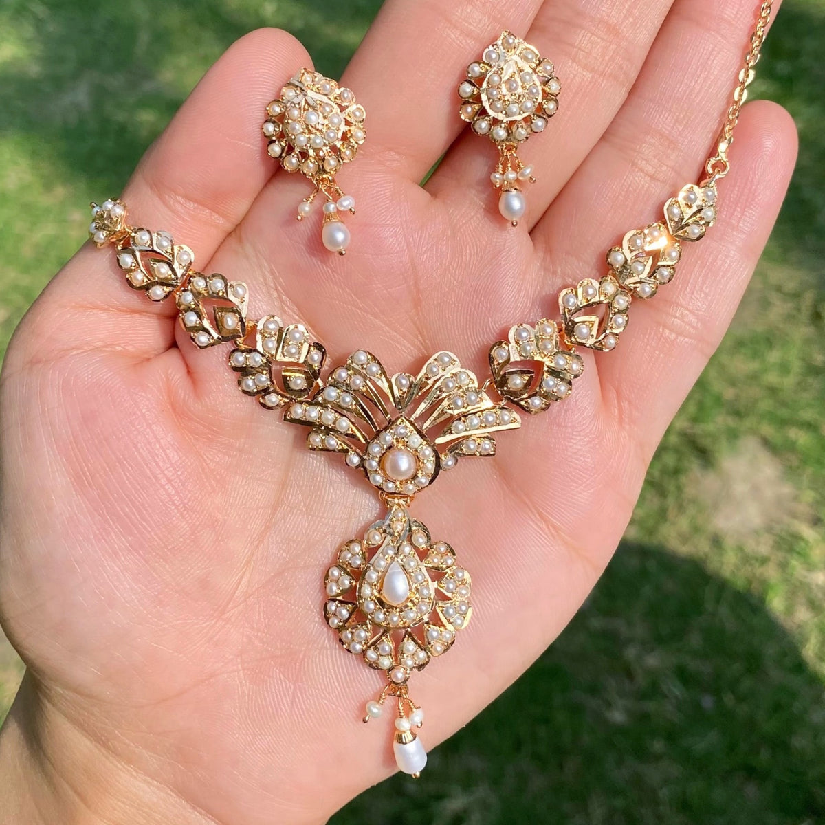 Pearl Fan Motif Jadau Chain Necklace Set | Gold Plated Silver NS 468
