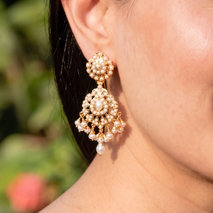 Dainty Pearl Drop Jadau Earrings | Gold Plated on Silver ER 807
