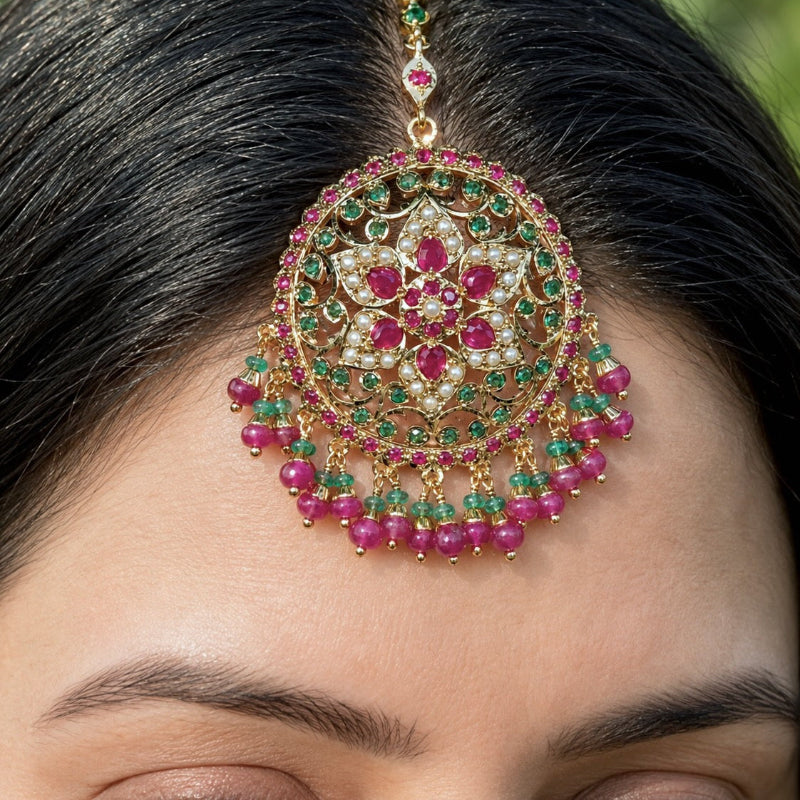 Multicolored Jadau Maang Teeka for Women | Gold Plated on Sterling Silver  TK 109