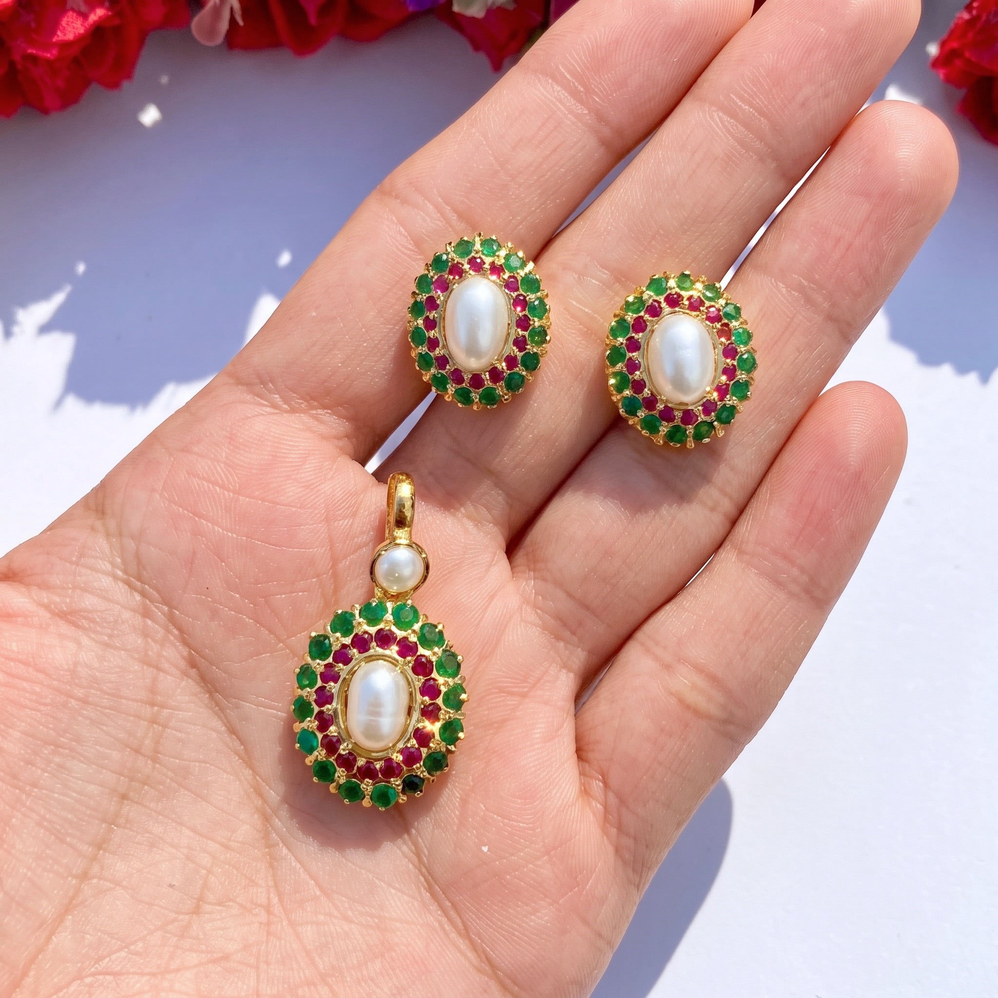 Multicolored Jadau Pendant Set | 925 Silver with Gold Plating PS 066