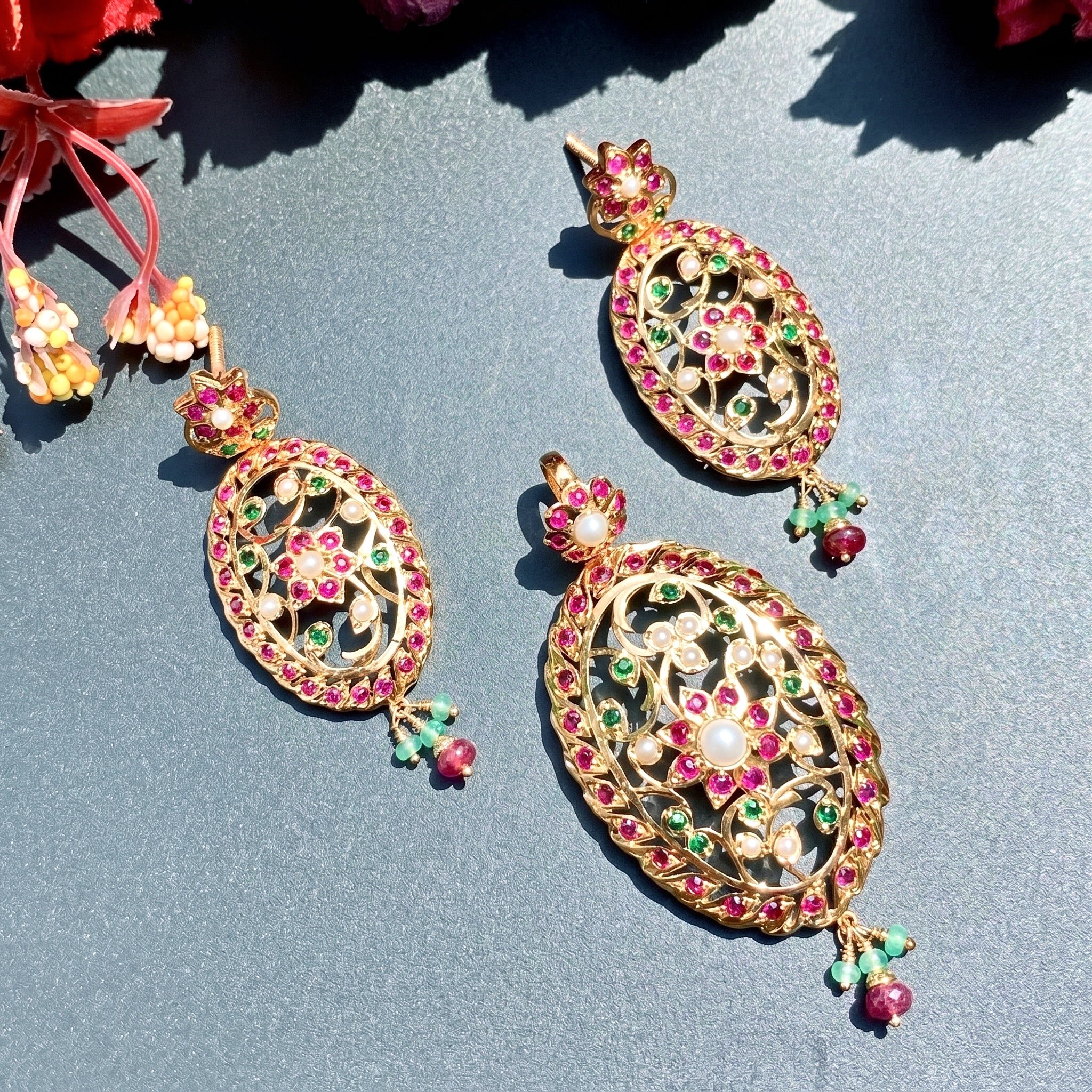 edwardian earrings with ruby emerald and seed pearls