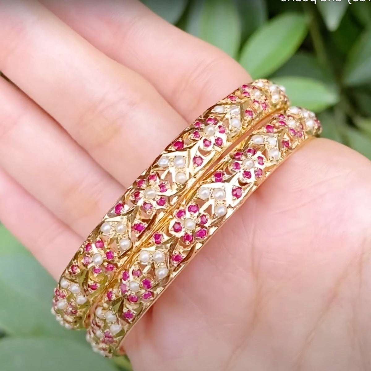 ruby pearl bangles in gold plated silver