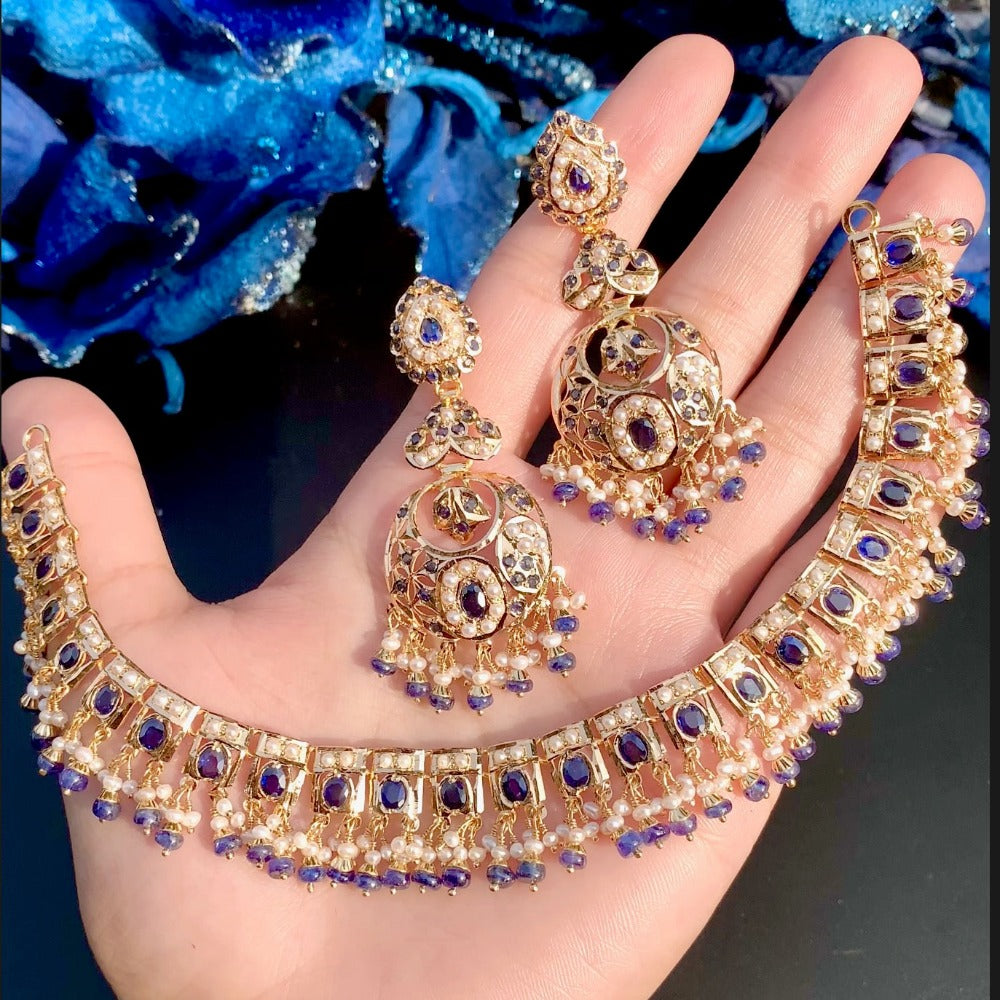 party wear neelam blue sapphire necklace set