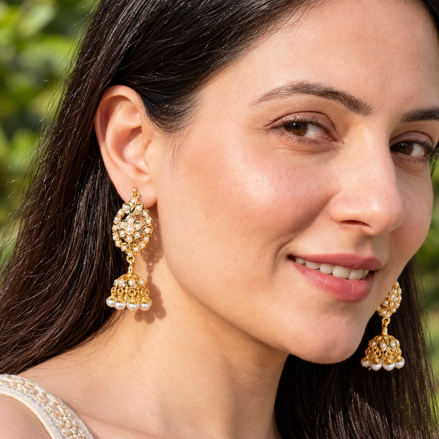 Dainty Jadau Dandi Jhumki in All Pearls | Gold Plated on Silver ER 809