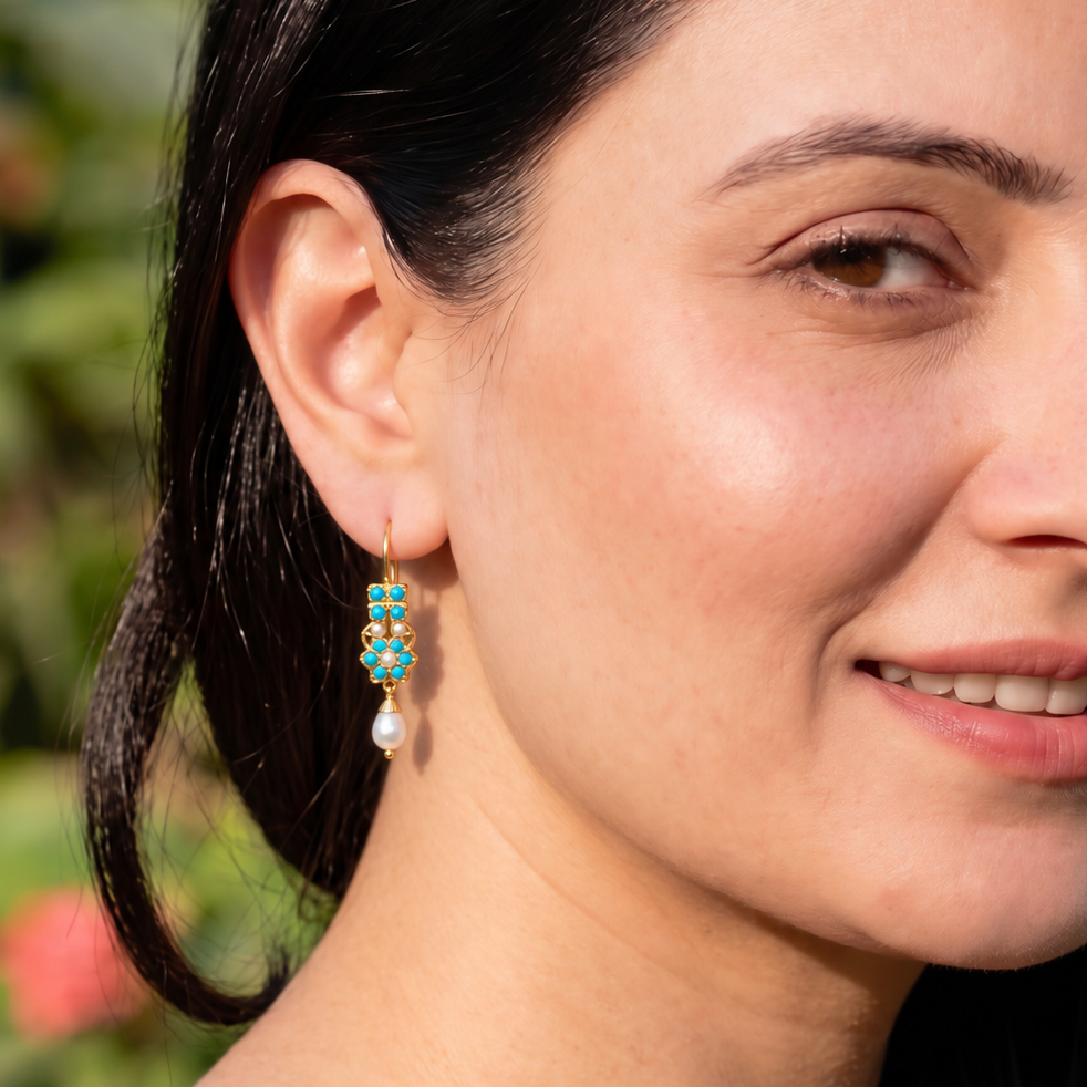 Dainty Turquoise& Pearl Floral Drop Earrings | Gold Plated on Silver ER 801