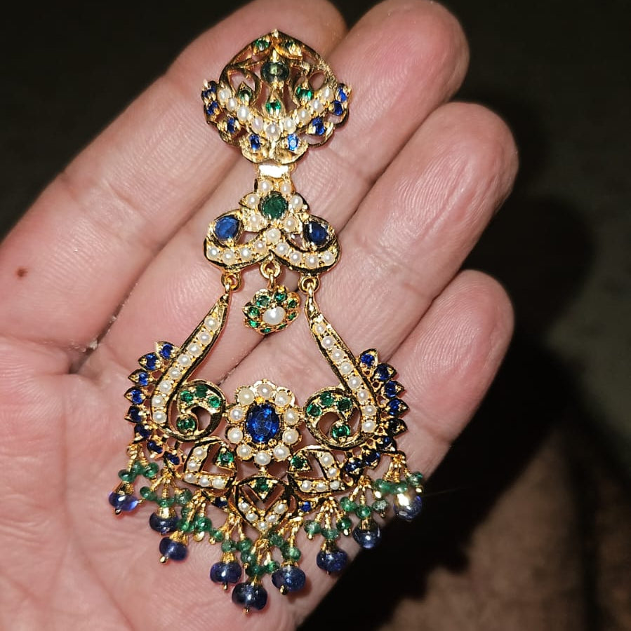 Blue Green Pearl Statement Chandbali Earrings | Gold Plated on Silver  ER 769