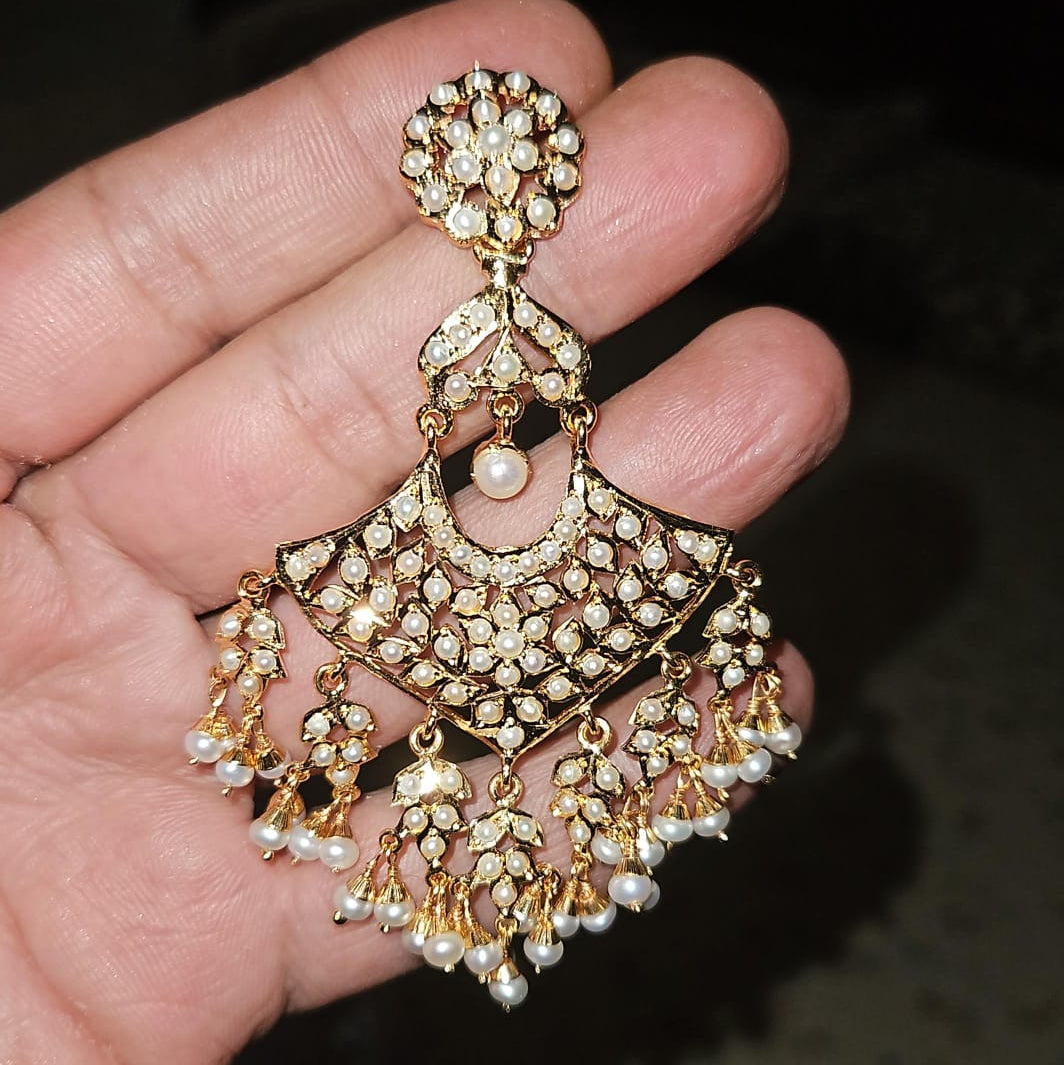 Pearl-Studded Chandbali Dangler Earrings | Gold Plated on 925 Silver ER 772