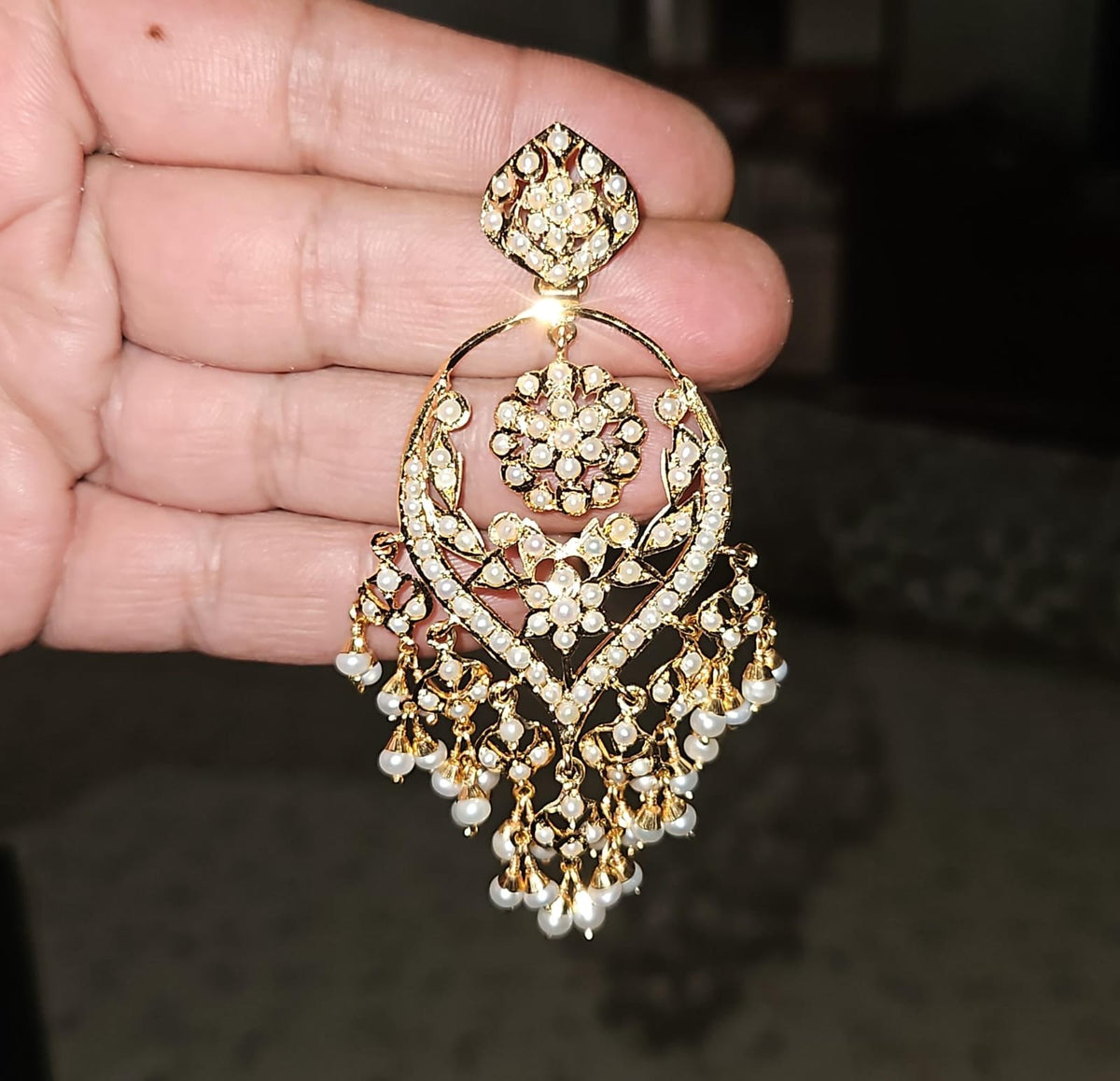 Statement Pearl Lattice Chandbali Earring | Embellished with Freshwater Pearls on Silver ER 779