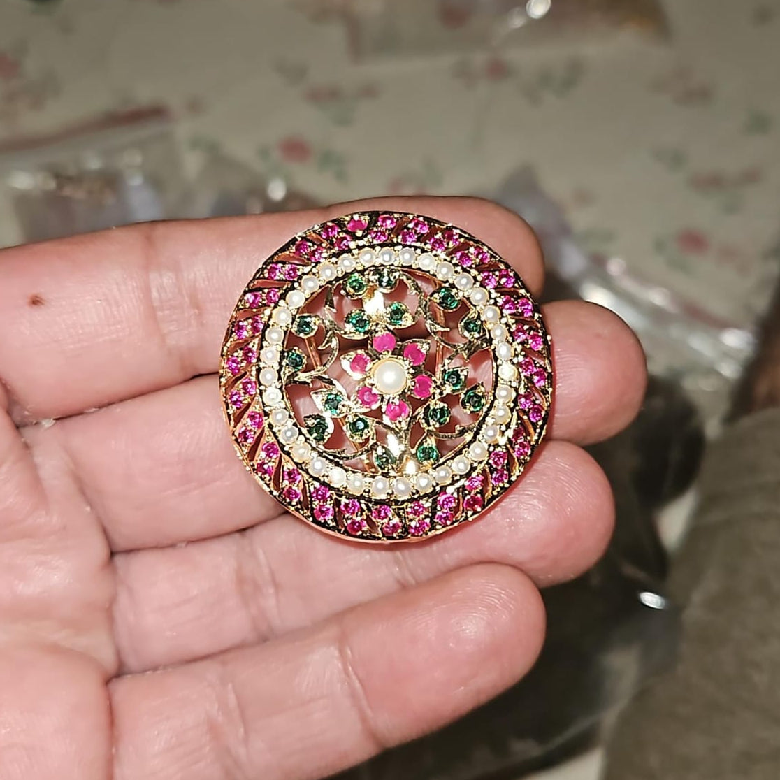 Pink And Green Floral Stud Earrings | Gold Plated on Silver ER 781