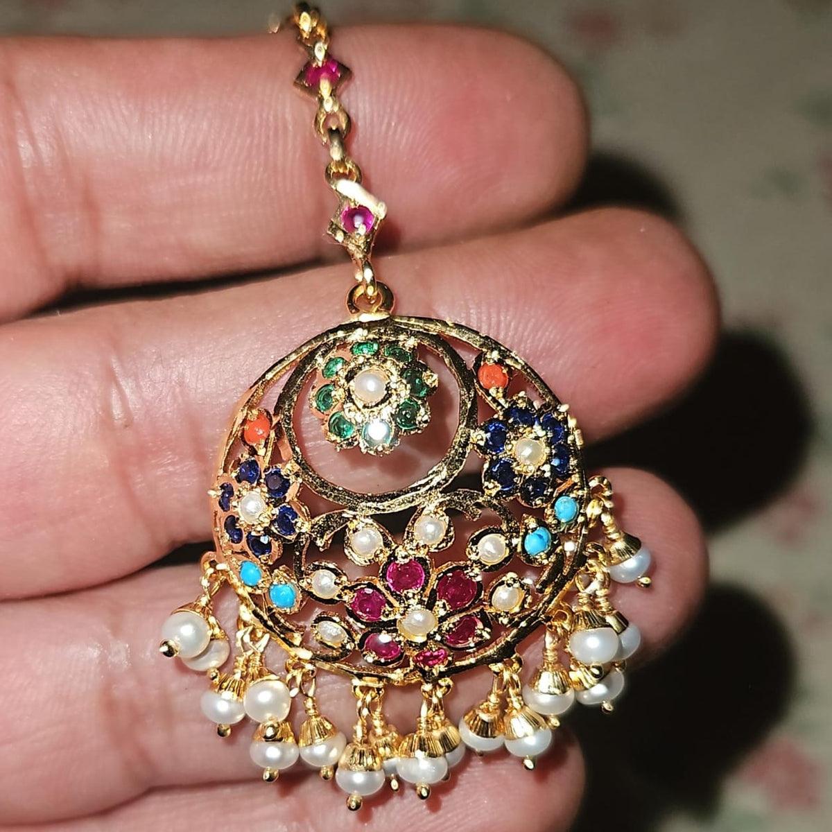Floral Navratna Jadau Maang Teeka | Chandbali Style | 925 Silver Gold Plated TK 108
