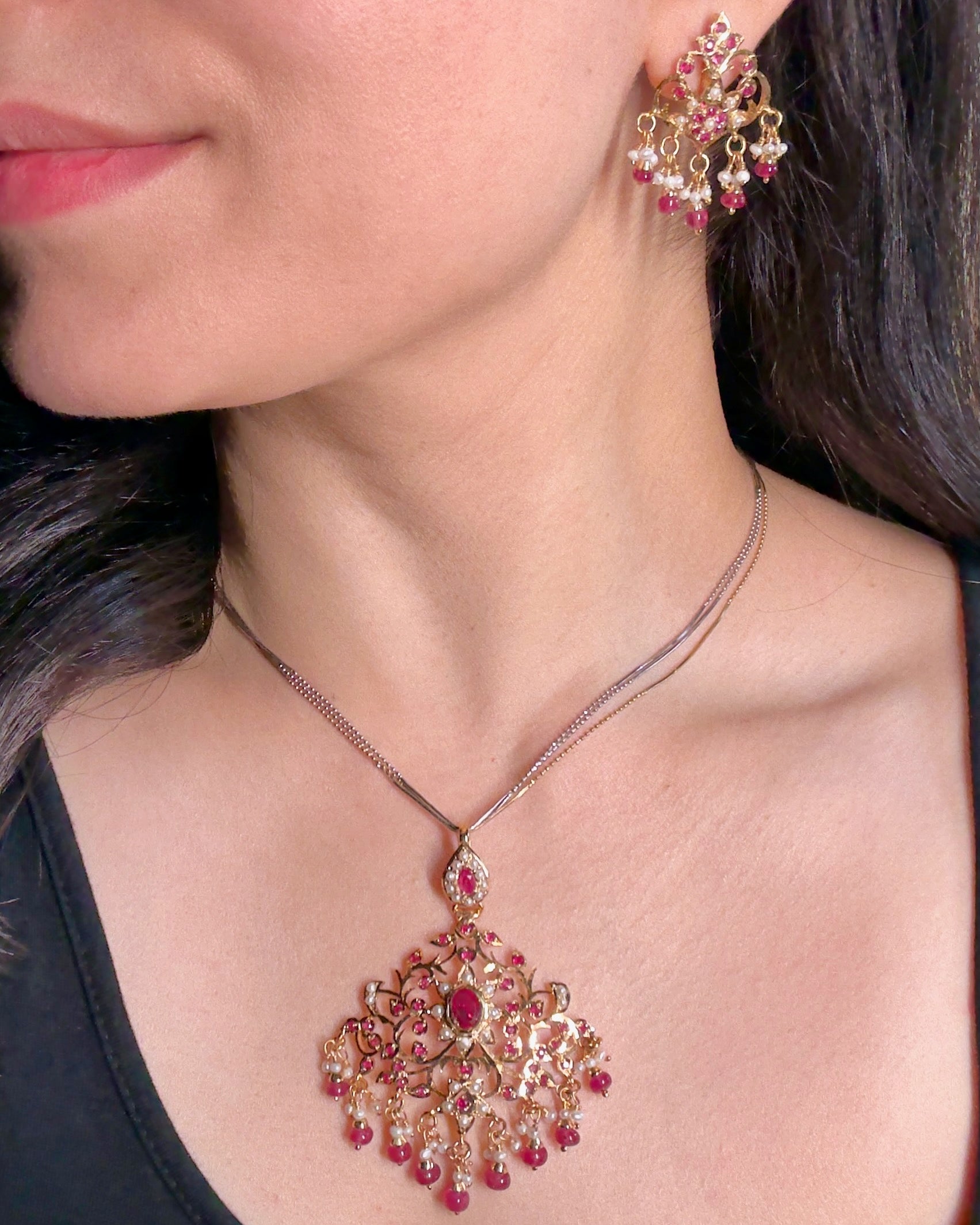Antique Design Indian Pendant Set | Ruby Red & Pearl Combination | Gold Plated on Silver