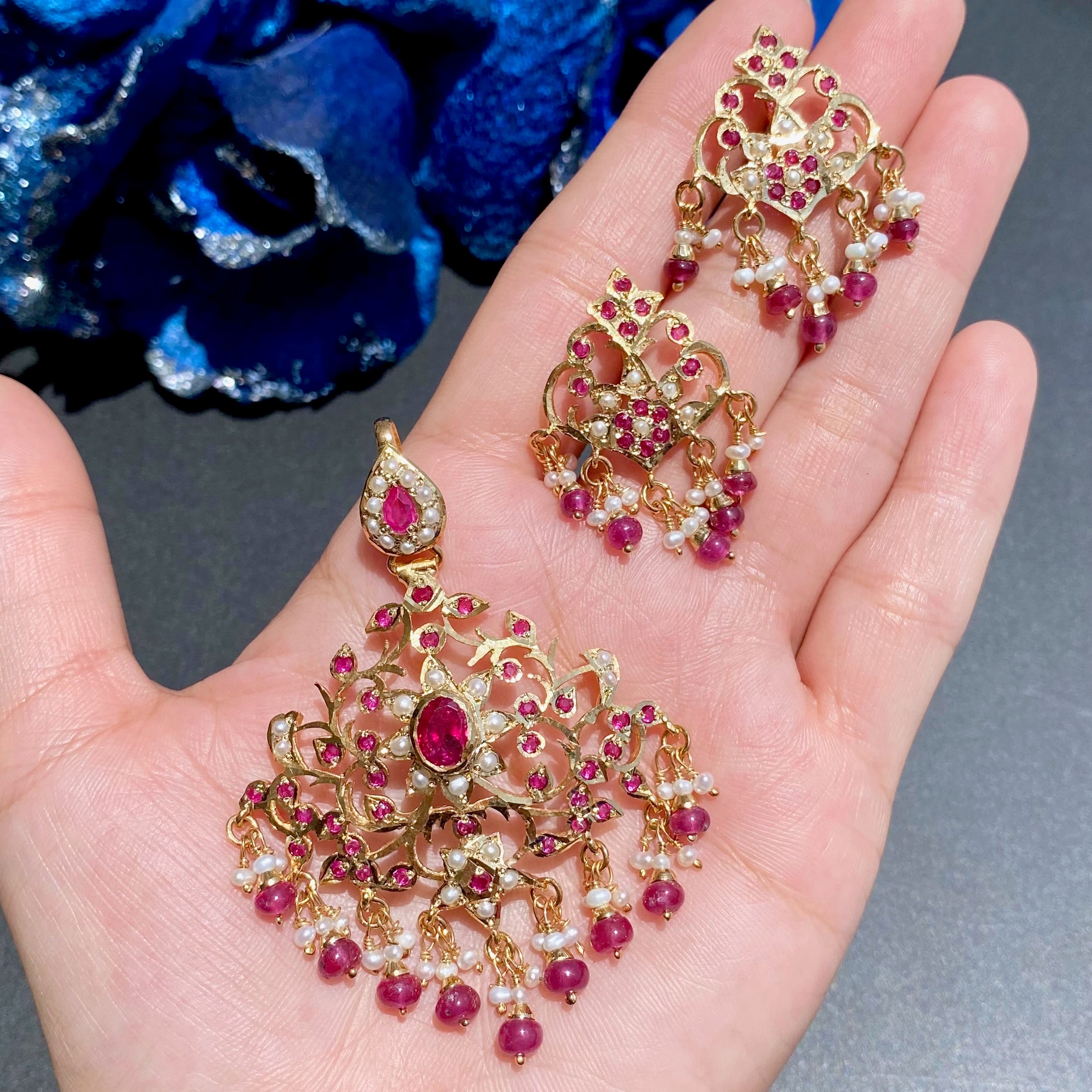 Antique Design Indian Pendant Set | Ruby Red & Pearl Combination | Gold Plated on Silver