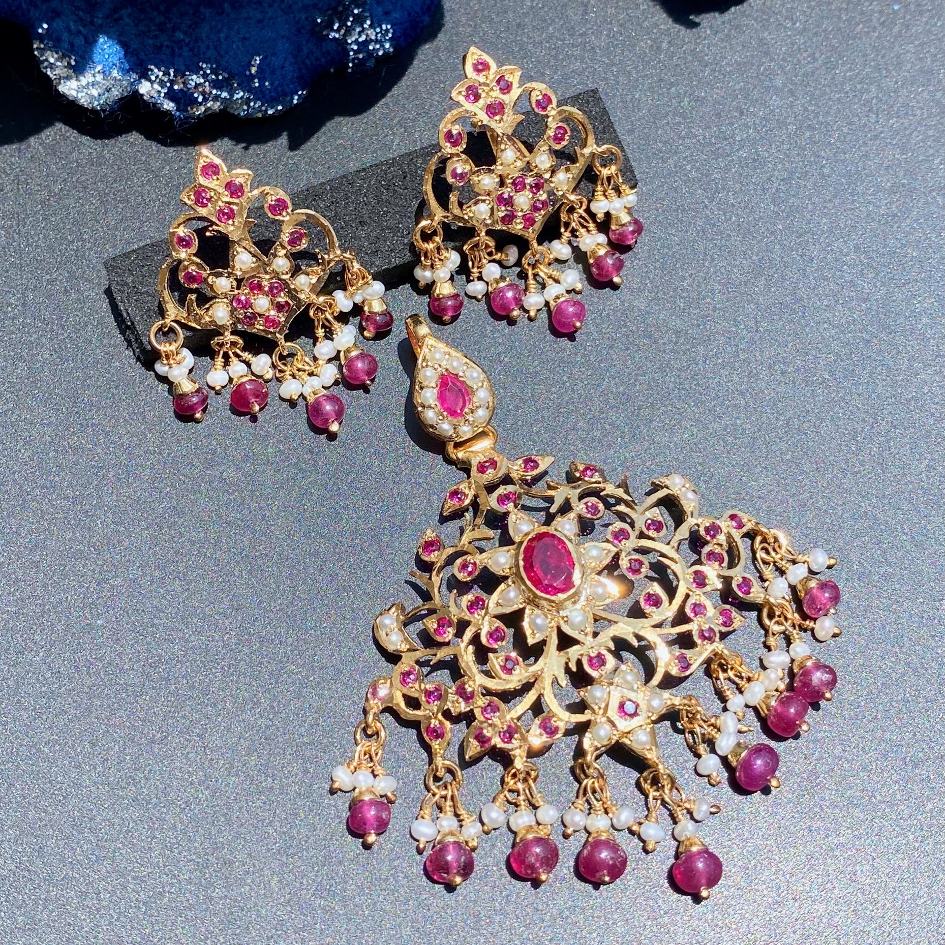 Antique Design Indian Pendant Set | Ruby Red & Pearl Combination | Gold Plated on Silver