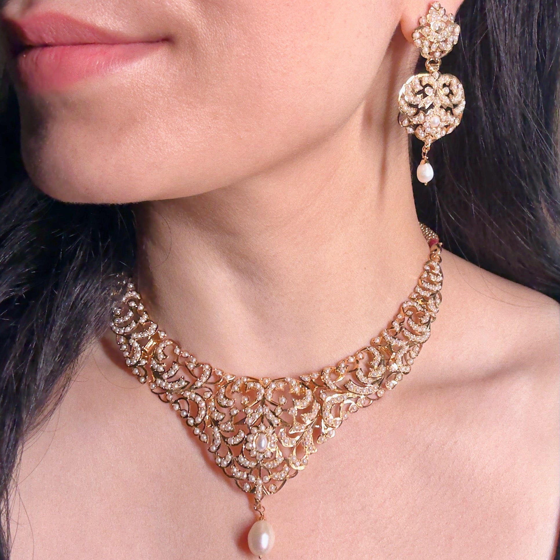 Pearl Necklace Set | Antique Design | Gold Plated on Silver