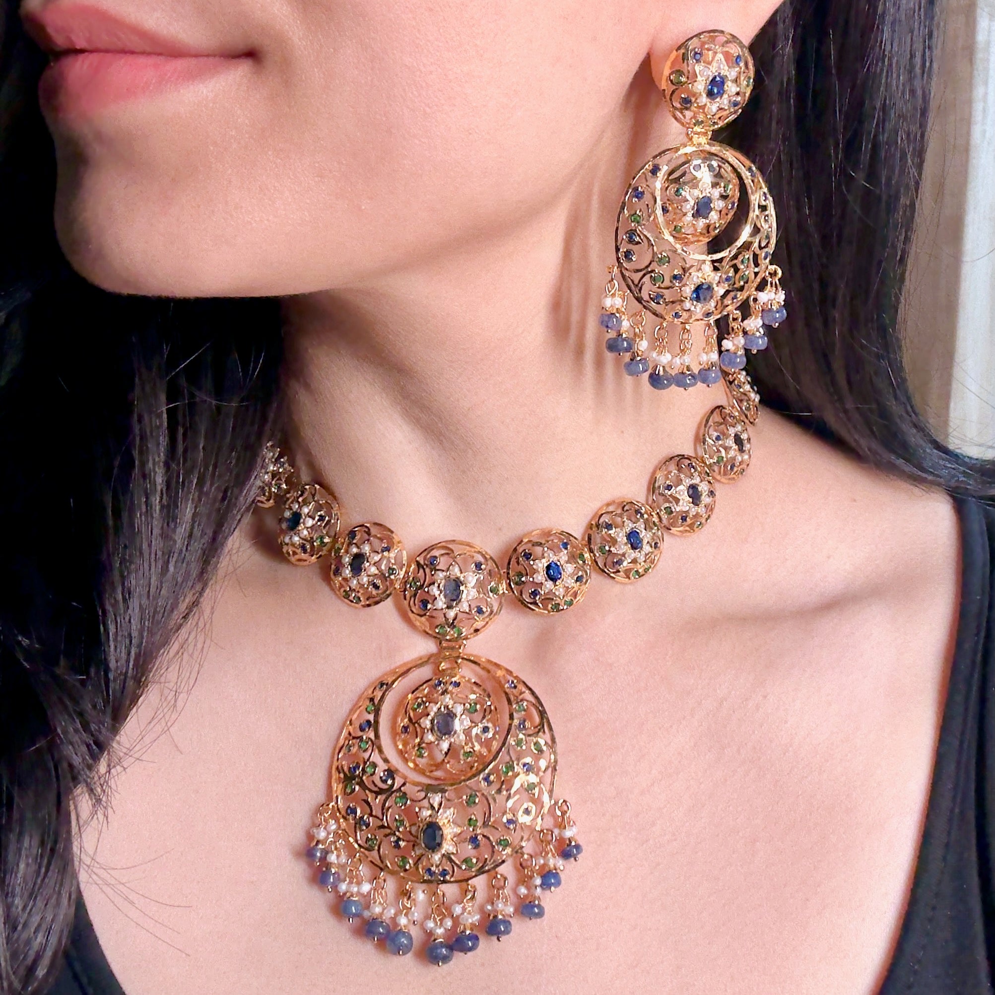 Antique Style Necklace Set | Gold Plated on Silver | Unique Color Combination