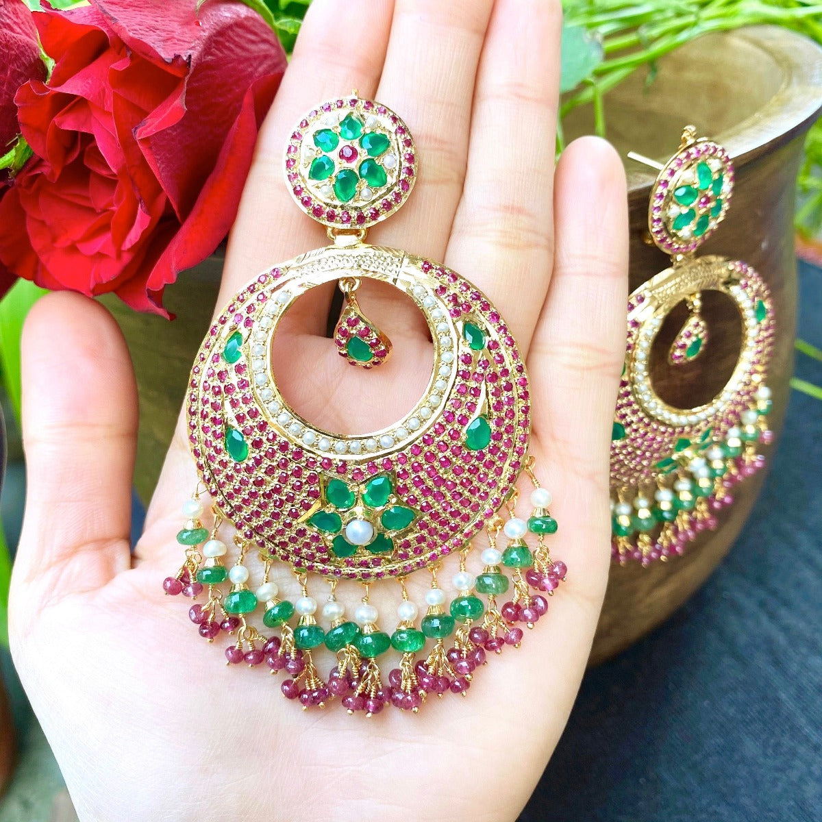 Bold & Beautiful Punjabi Earrings | oversized Chandbali Earrings | Ruby Emerald
