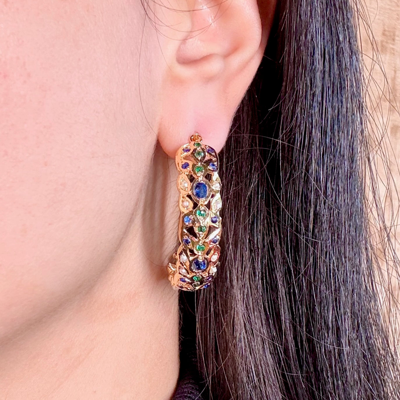 Jadau Hoop Earrings | Handcrafted Bali Earrings | Emerald Sapphire Hoops | ER 479