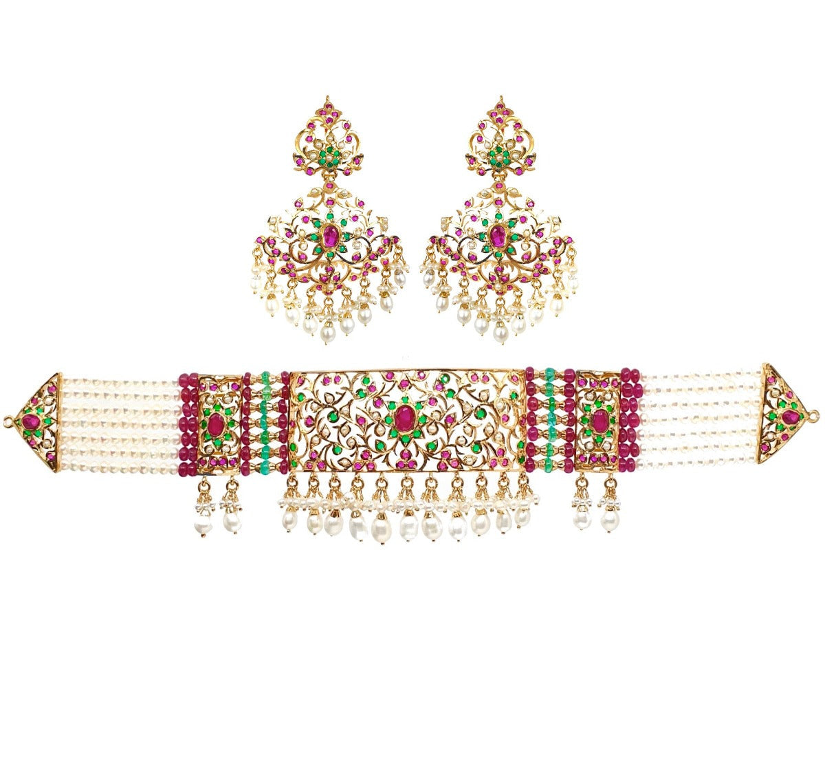 Gold Plated Choker Set | Multicoloured Stones | Gold Plated Jadau Jewelry | NS 005