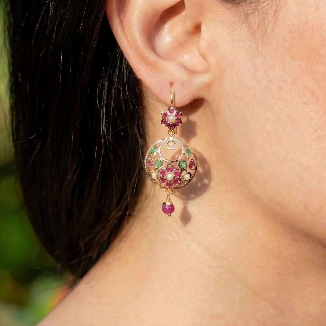 Delicate Jadau Chandbali on 22k Gold | Fishhook Closure | Real Rubies and Emeralds GER 114