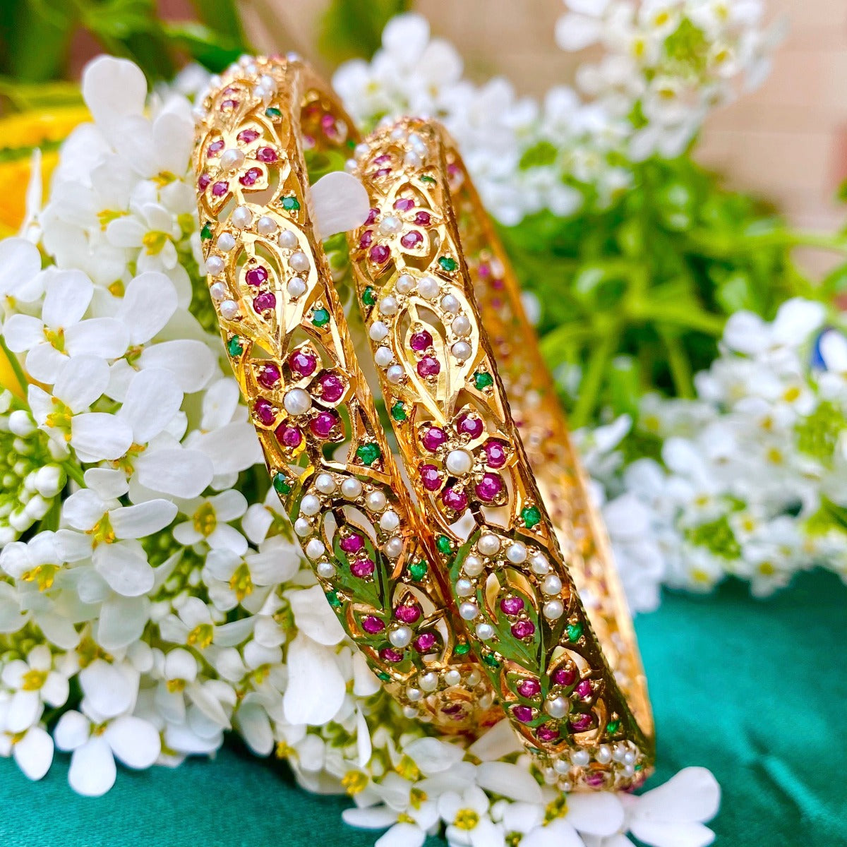 Gold Plated Jadau Bangles in 925 Silver BG 012