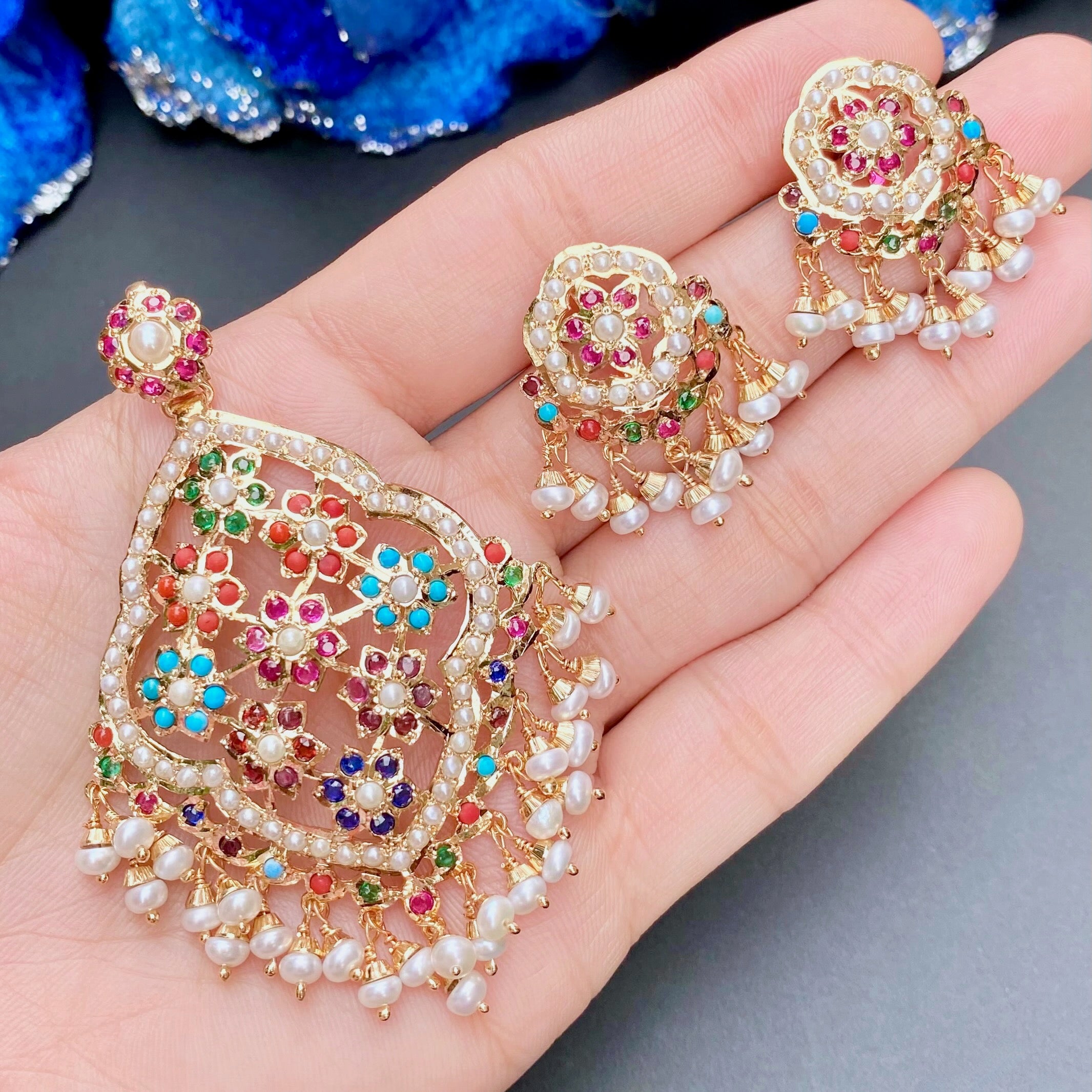 Floral Navaratna Pendant Set | Exquisite Gold Plated Jewelry Set