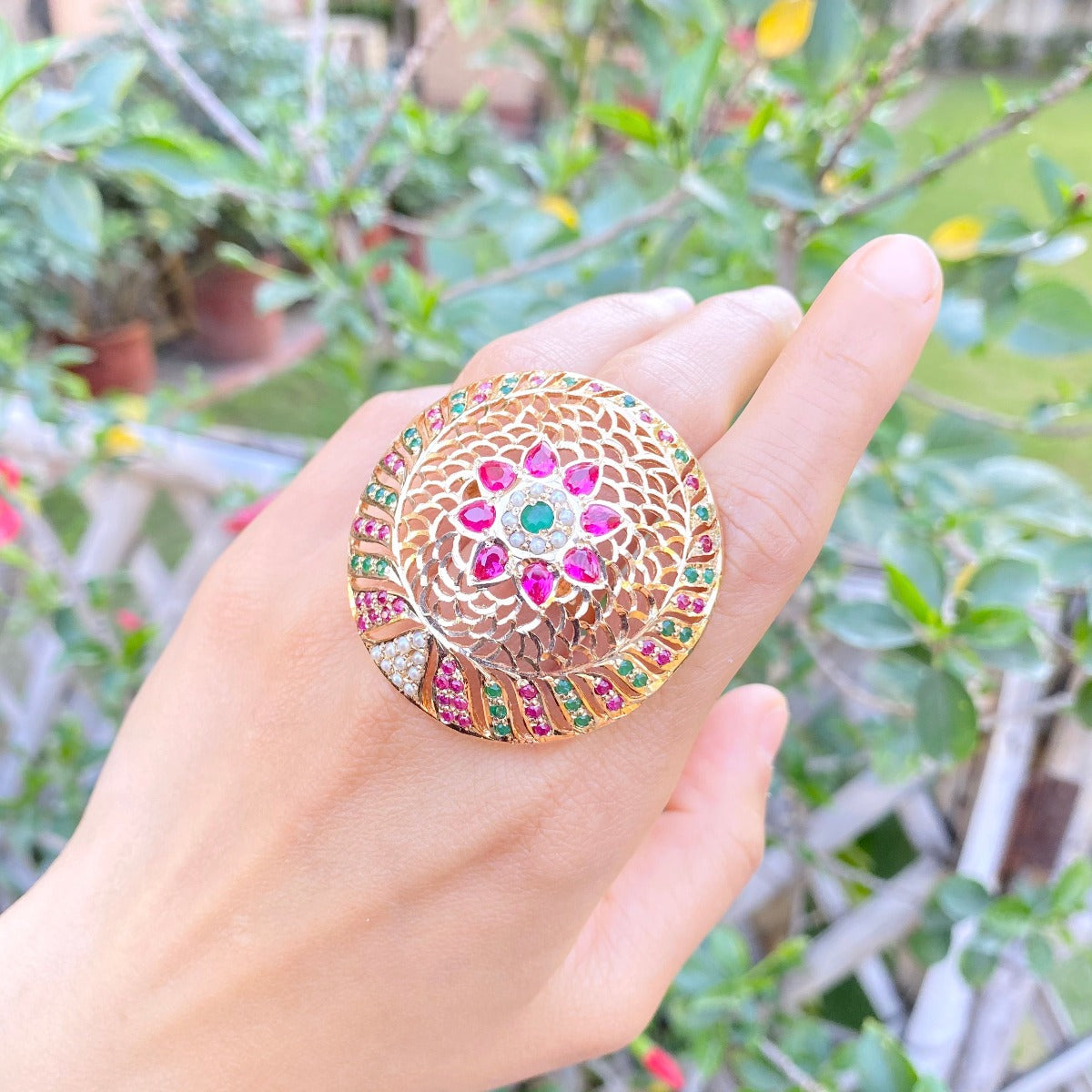 Multicolored Jadau Cocktail Ring in Gold Plated Silver LR 003