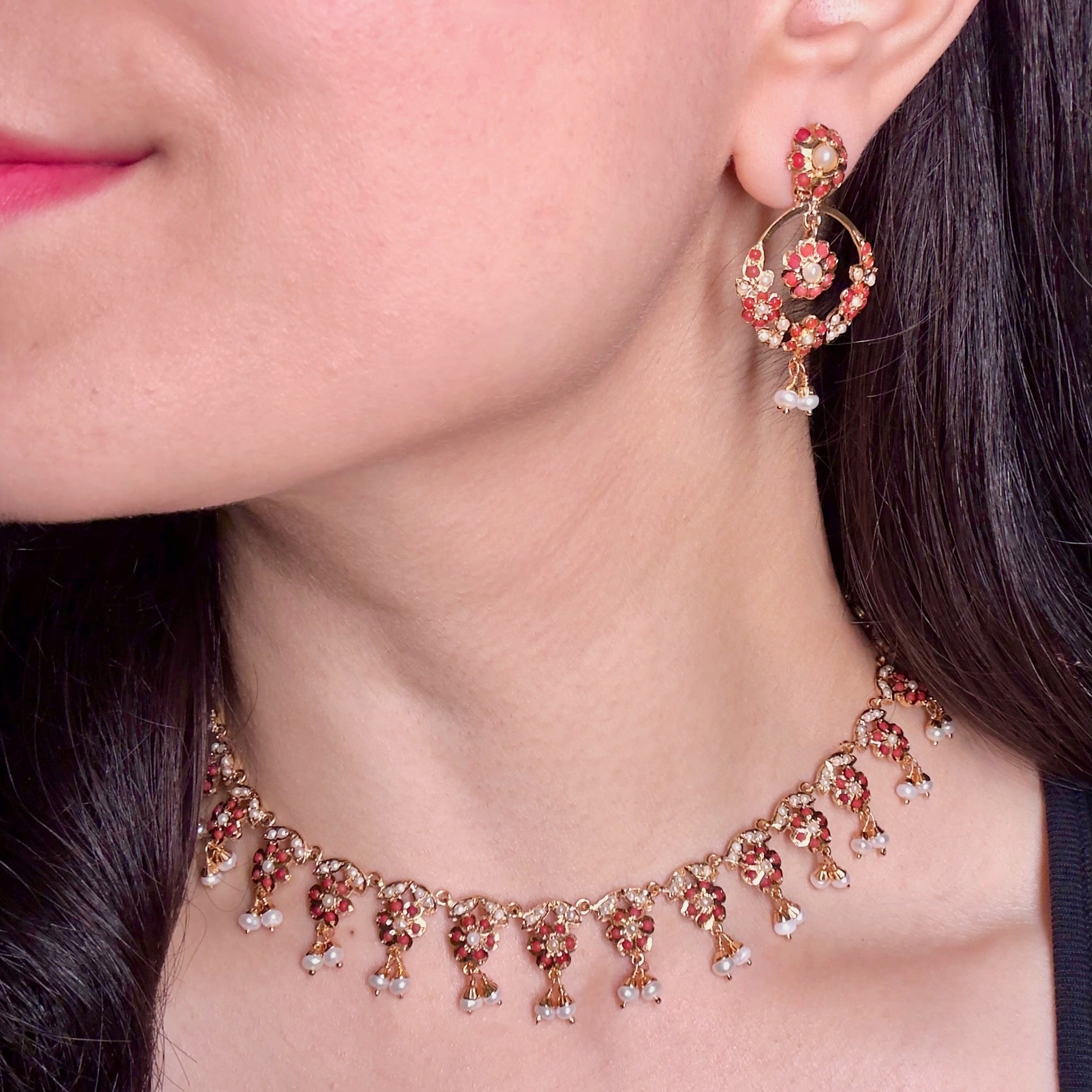 Sleek Pearl Coral Necklace with Small Chandbali Earrings | Gold Plated on Silver