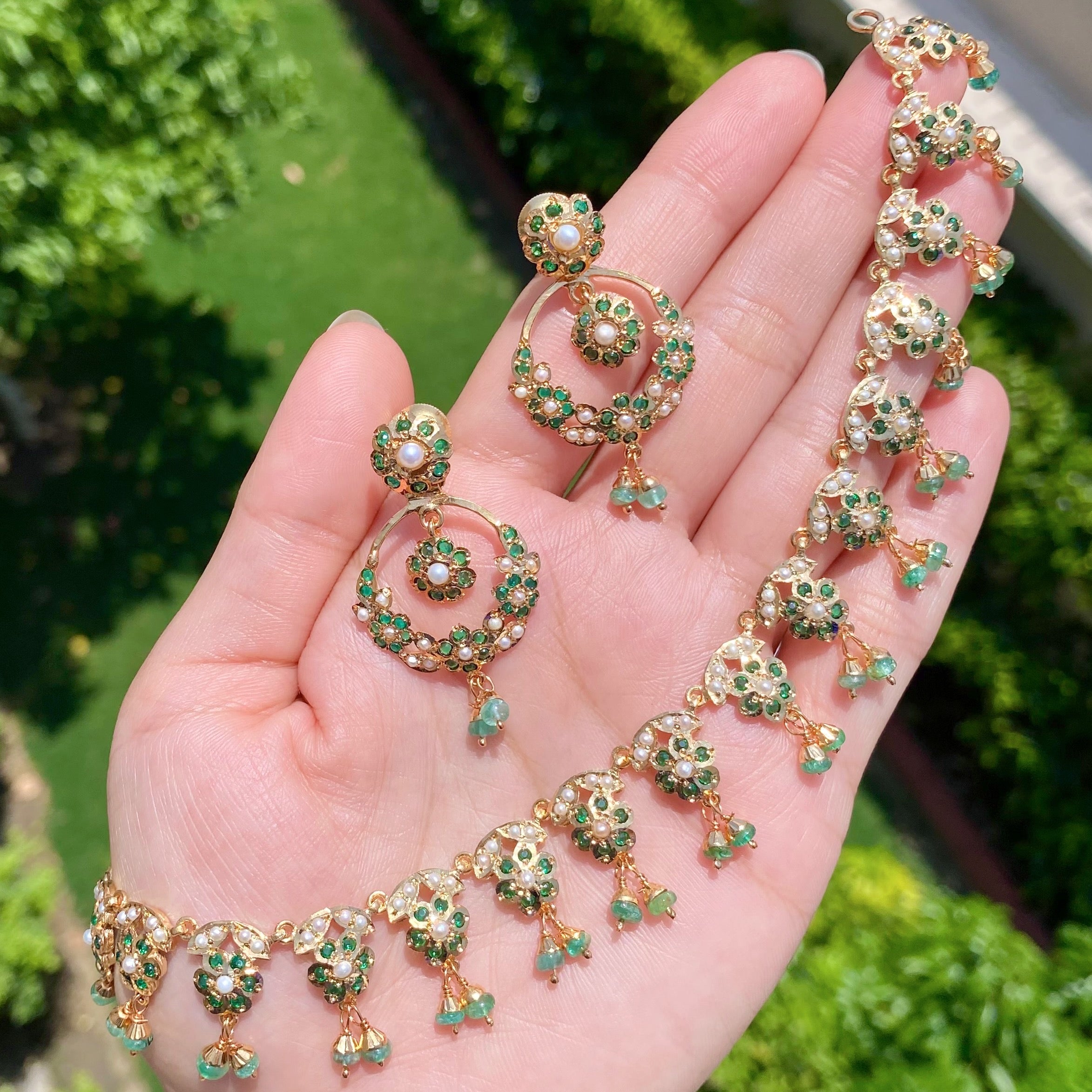 Delicate Emerald Green Necklace Set | 925 Silver with Gold Plating | Fine Indian Fashion Jewellery Set
