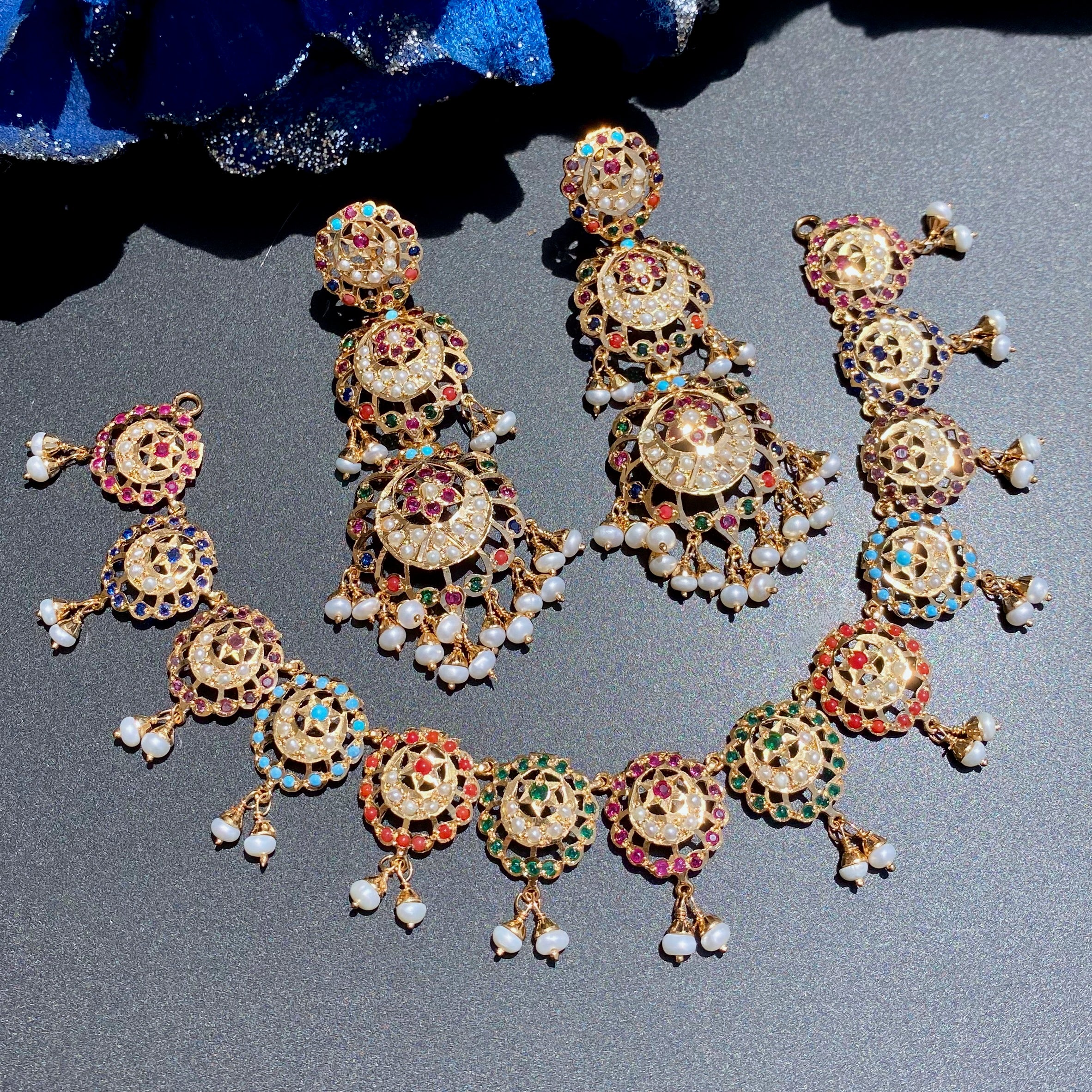 Exquisite Navaratna Necklace with Long Danglers | Premium Indian Jadau Jewelry on Silver with Gold Plating