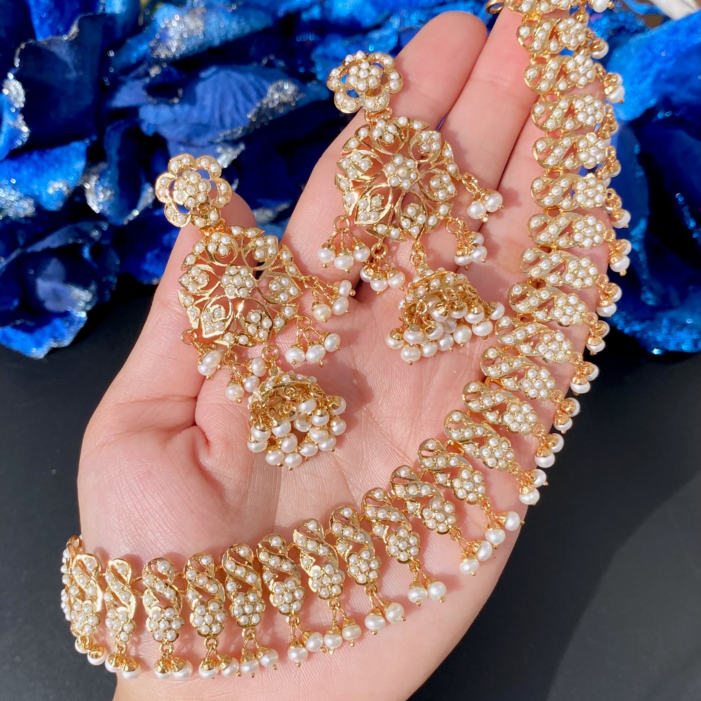 delicate pearl necklace with jhumki