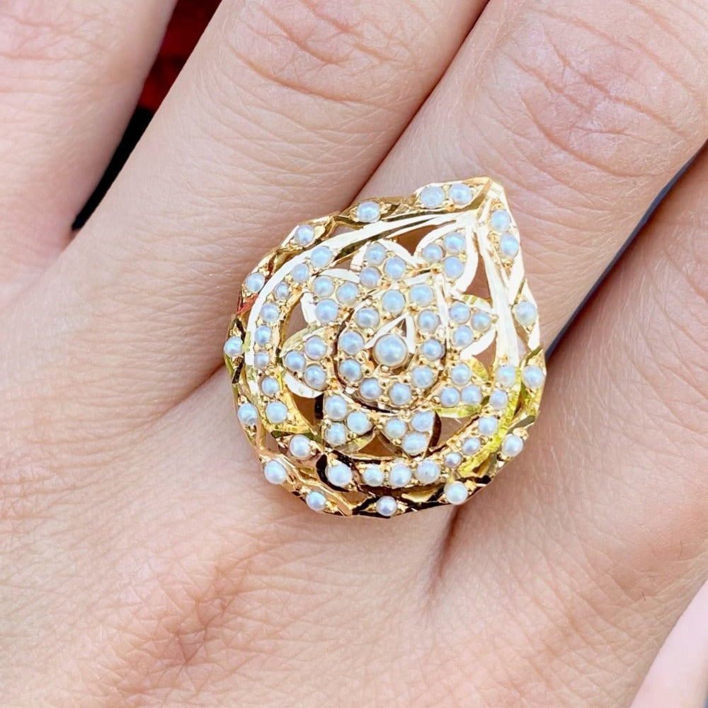 drop shaped pearl jadau ring gold