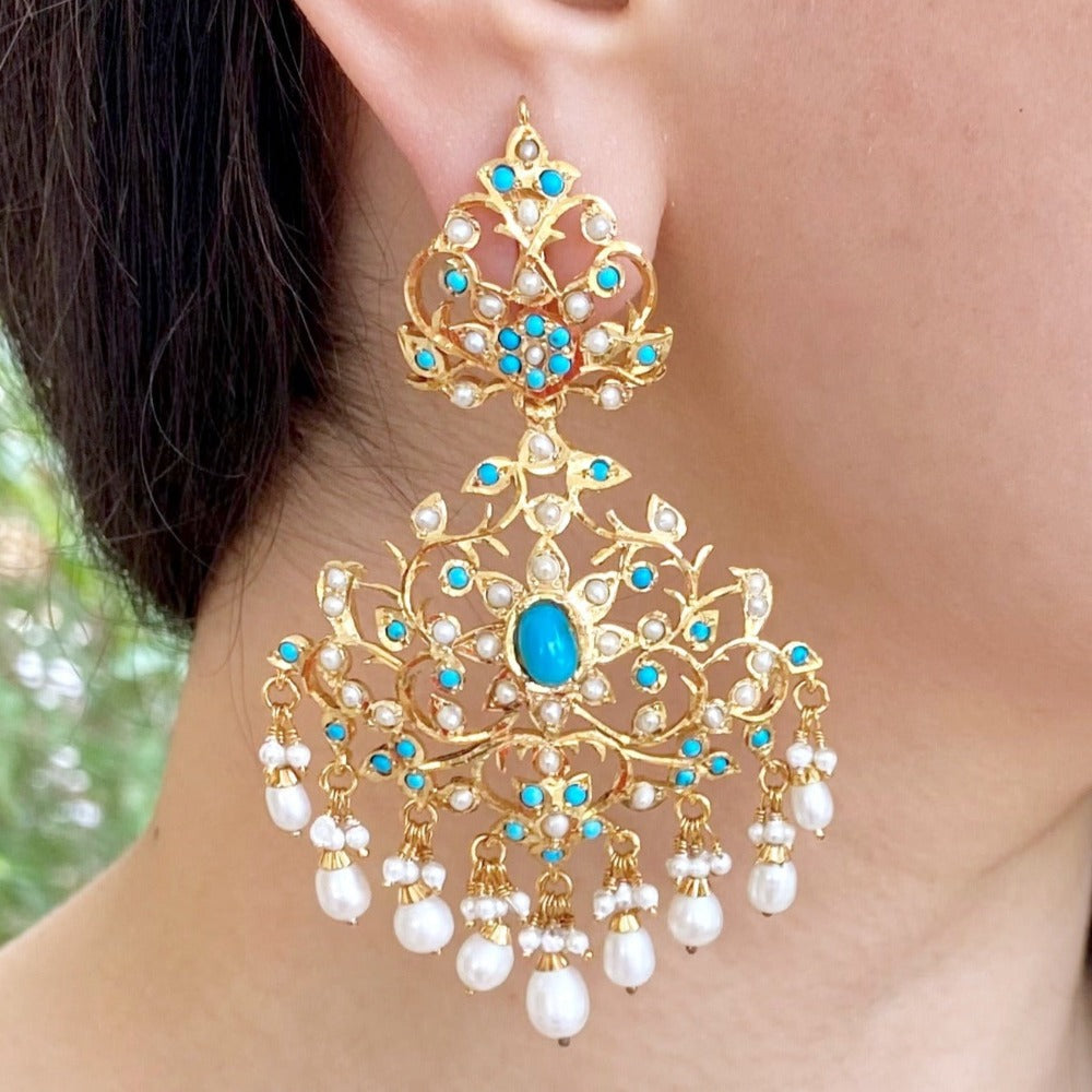 beautiful pearl and feroza earrings made in sterling silver
