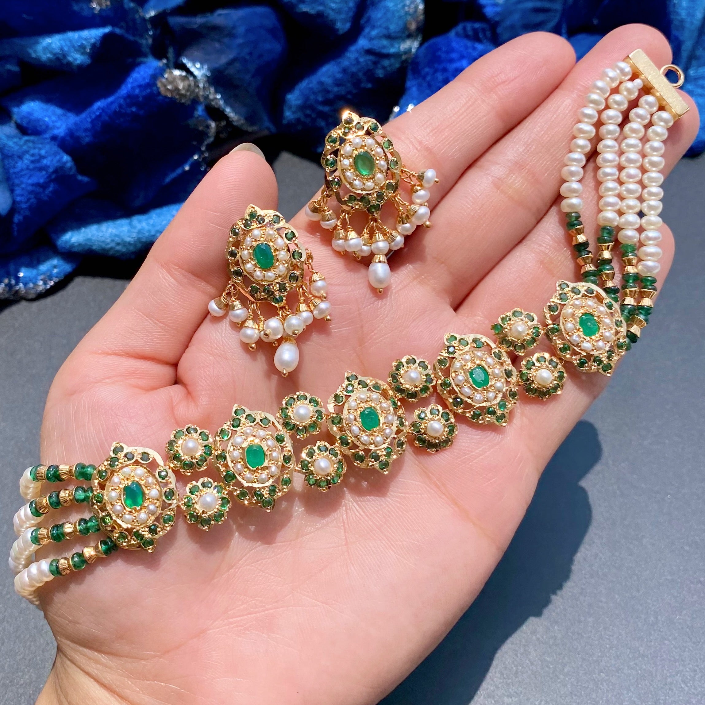 Emerald Green Choker Set | Gold Plated on Silver | Necklace Set for Destination Weddings