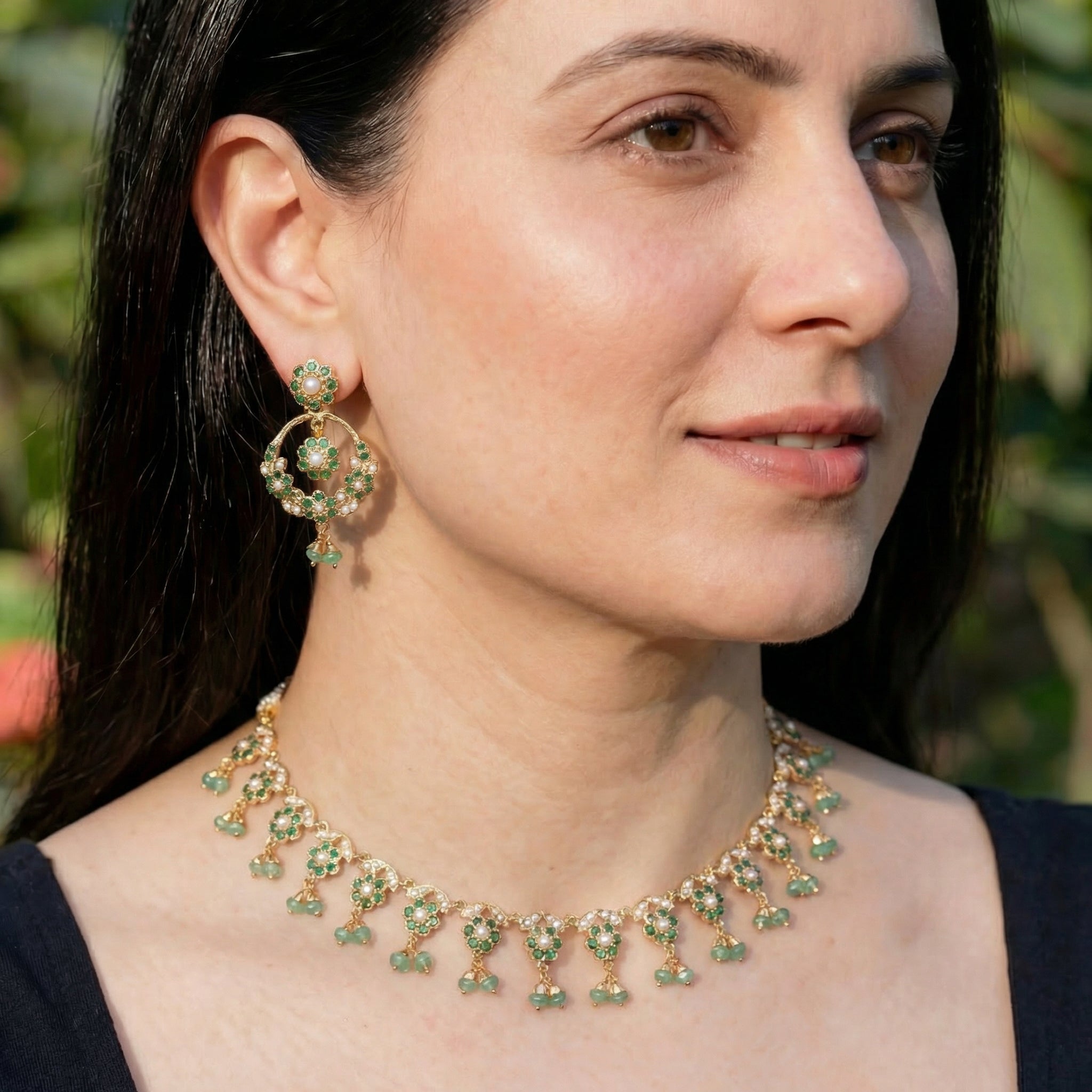 Delicate Emerald Green Necklace Set | 925 Silver with Gold Plating | Fine Indian Fashion Jewellery Set NS 378