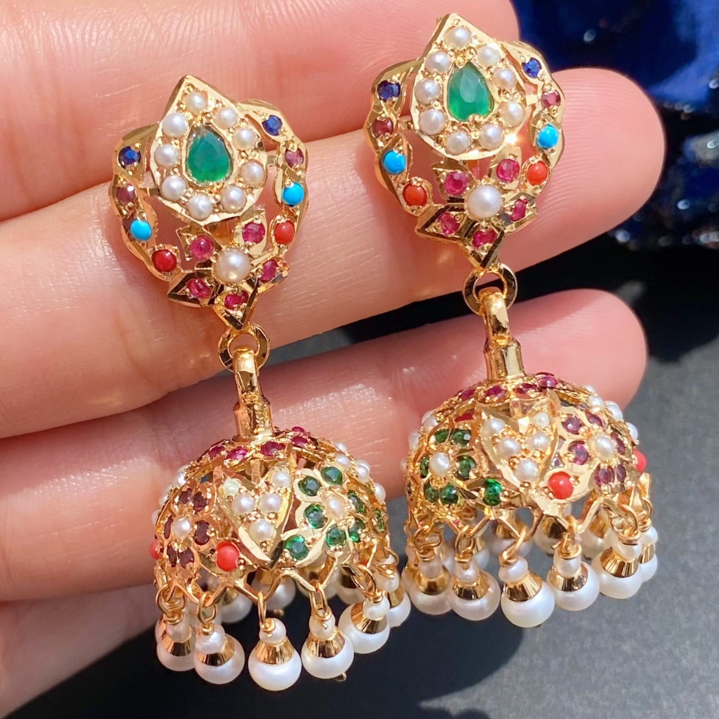 Gold Plated Jhumki | Navratna Color Combination| Small Dainty Size ER 588