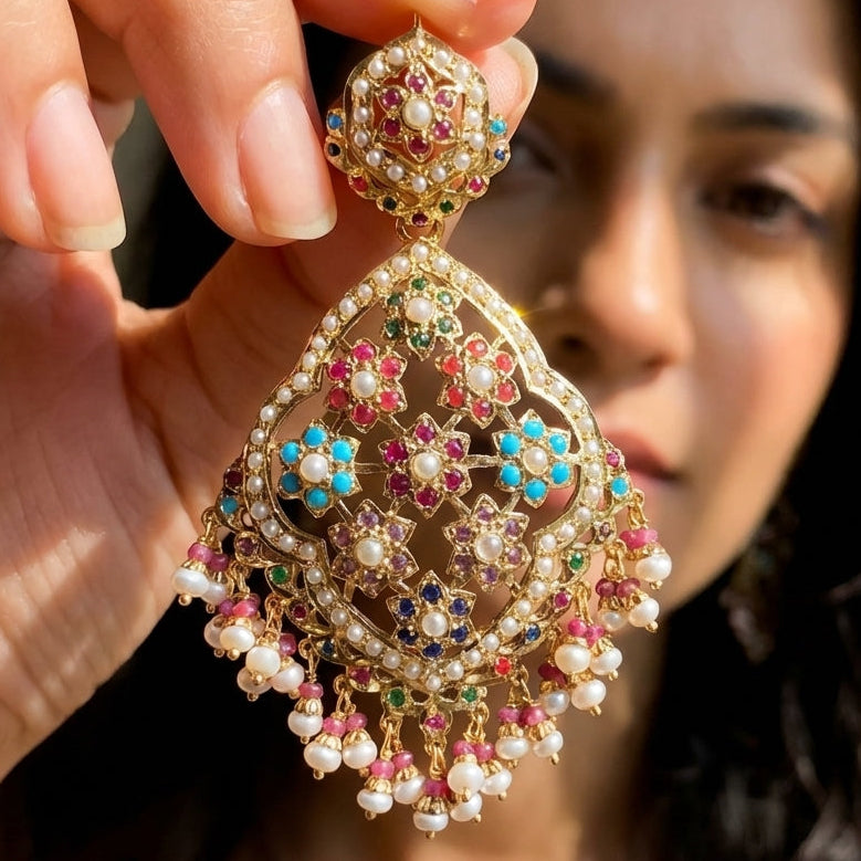 నవరతన్ జదౌ చెవిపోగులు | బంగారు పూత వెండి | స్టేట్‌మెంట్ డాంగ్లర్స్ ER 333