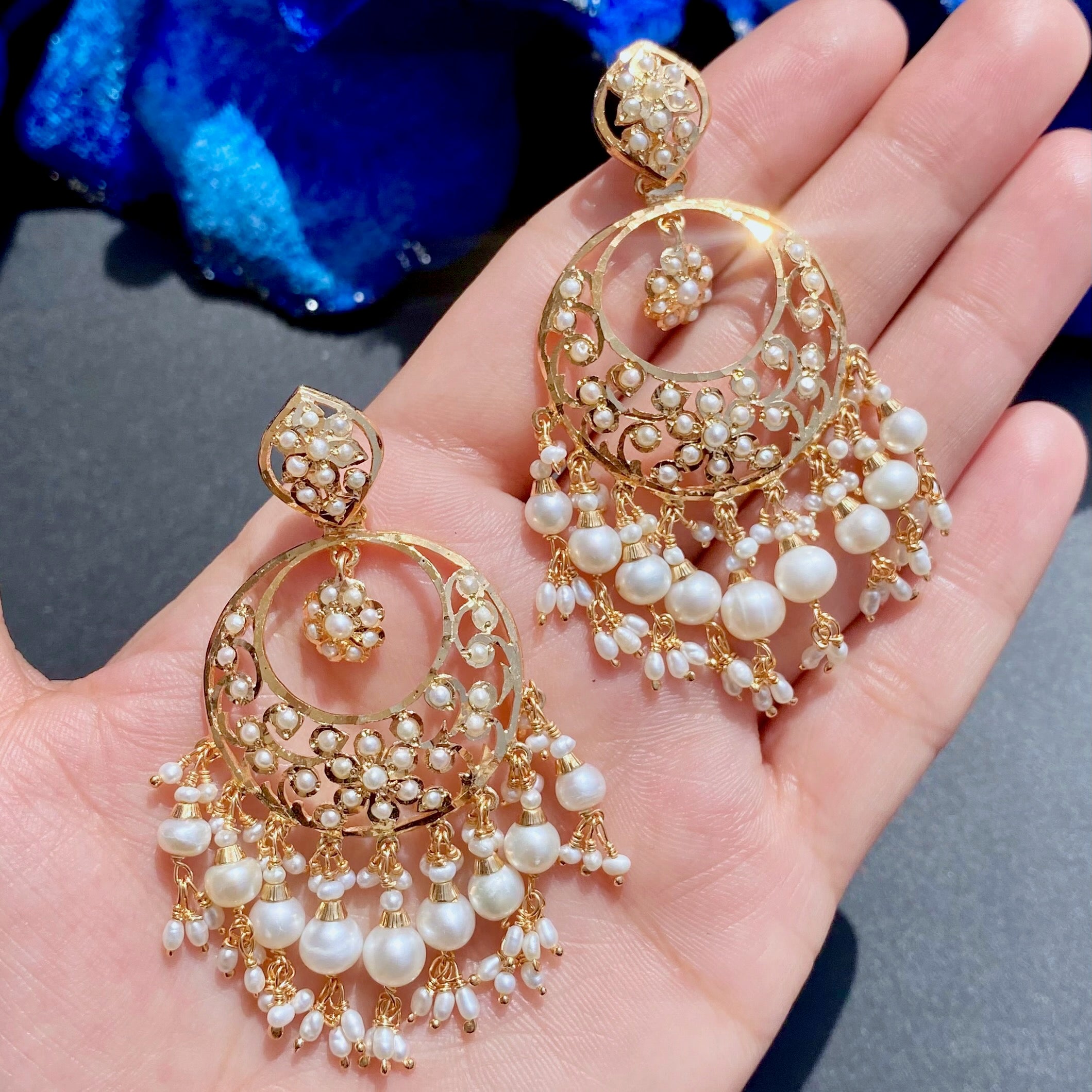 Exquisite Jadau Chandbali Earrings | Freshwater Pearls | Gold Plated on Silver