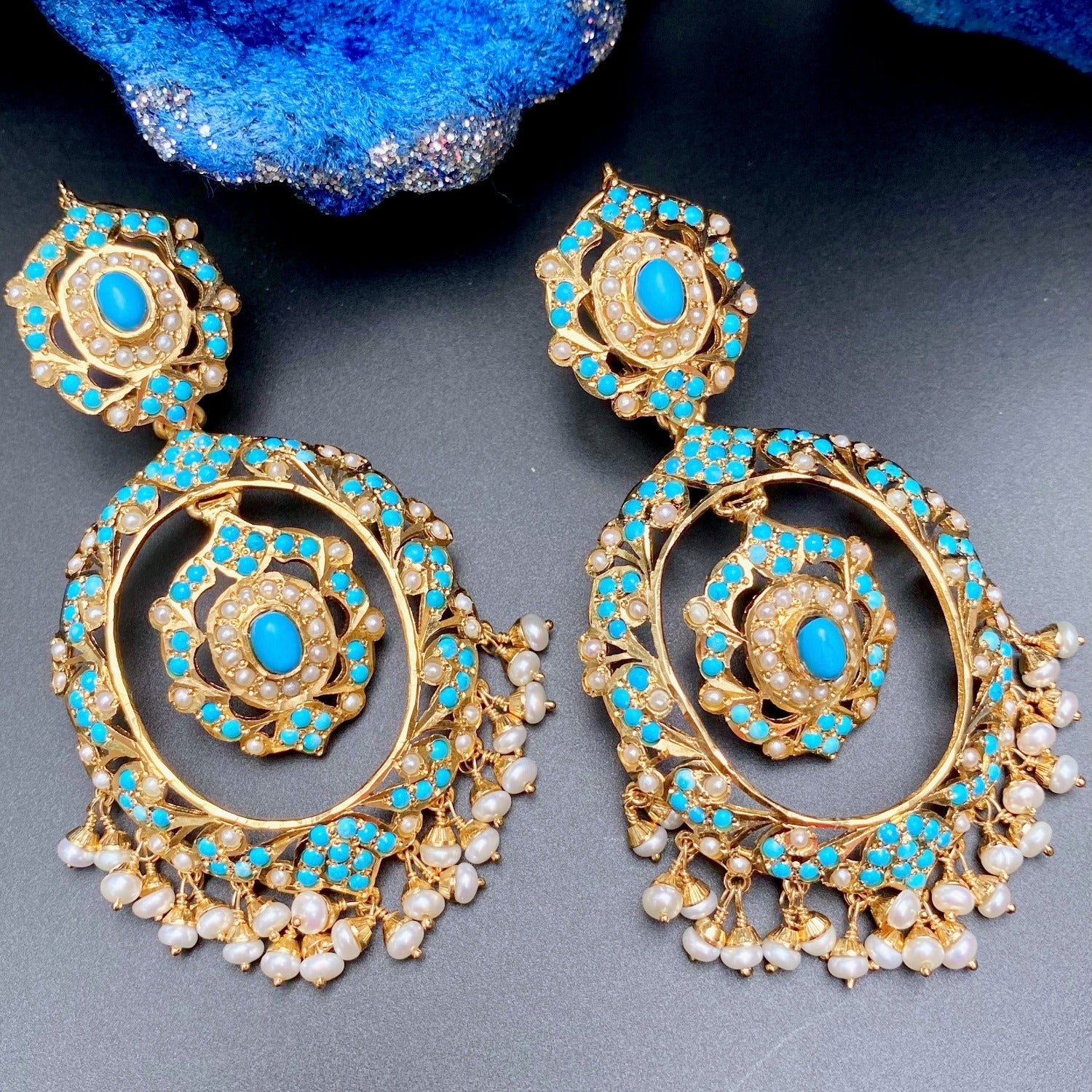 Large Chandbali Earrings | Pearl & Feroza Combination | 925 Sterling Silver with Gold plating