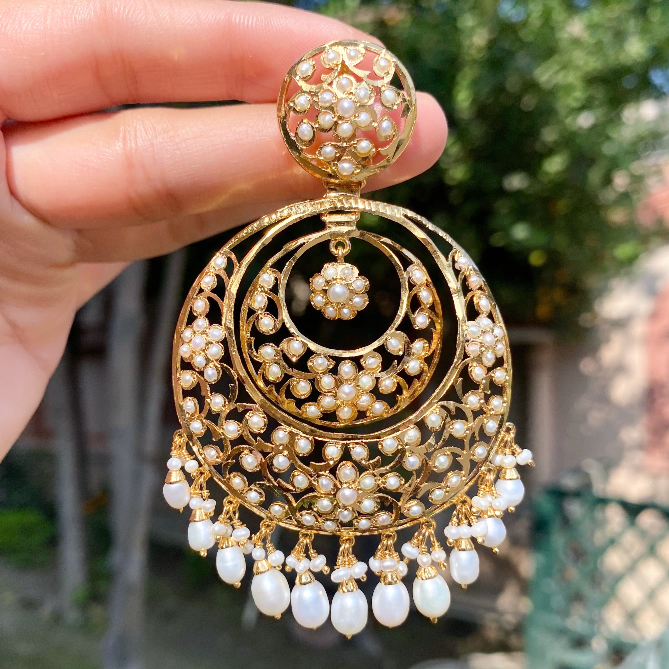 Intricate Jadau Earrings | Antique Design Fusion Jewelry | Authentic Freshwater Pearls ER 797