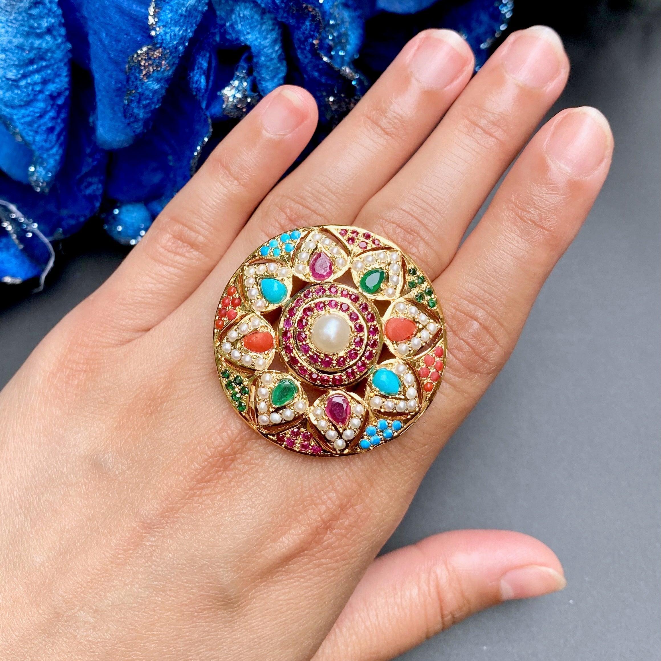 Gold Plated Navratan Jadau Cocktail Ring in Silver LR 010