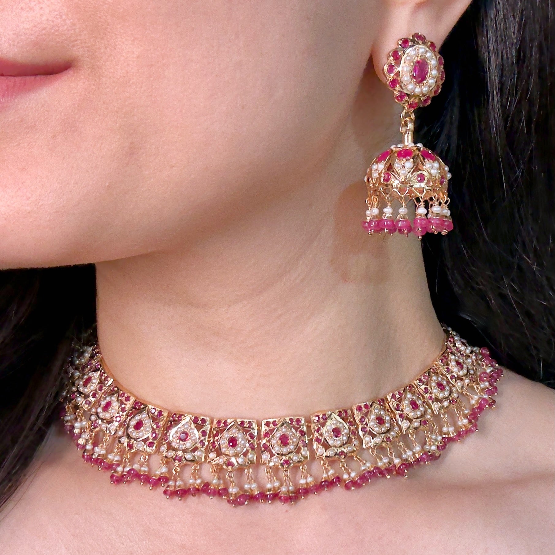 Sophisticated Jadau Necklace with Jhumka Earrings | Gold Plated on Silver
