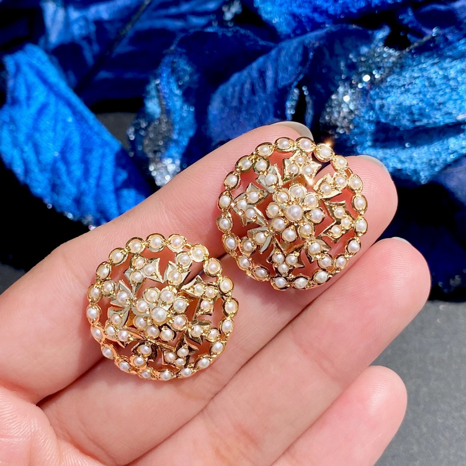 gold plated pearl stud earrings indo western design round shape