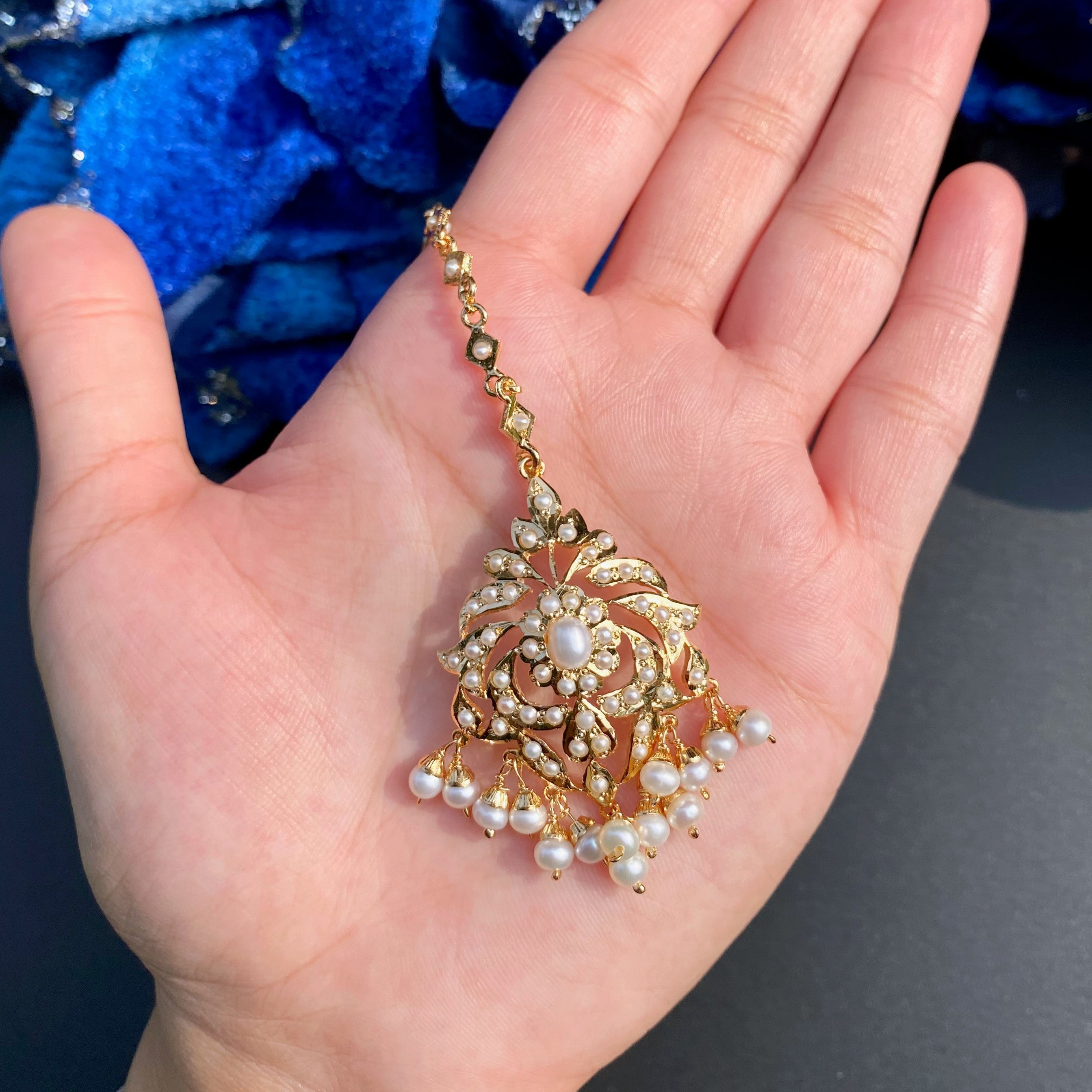 gold plated silver pearl maang teeka