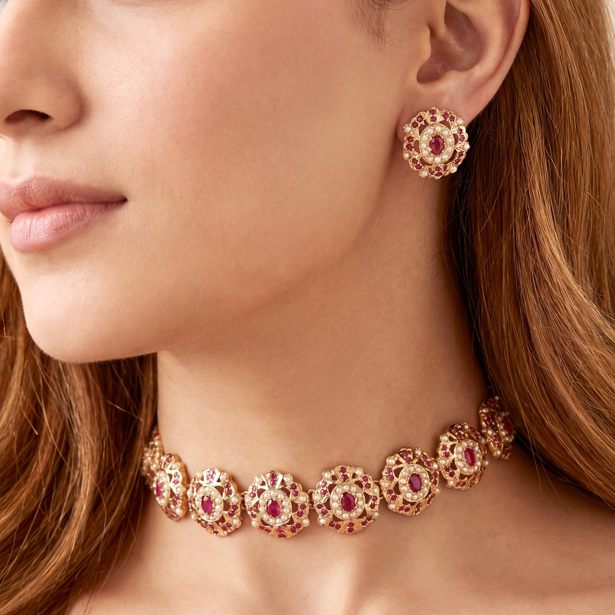 Delicate Indian Choker Set | Pearl Ruby Combination | Gold Plated on Silver NS 389