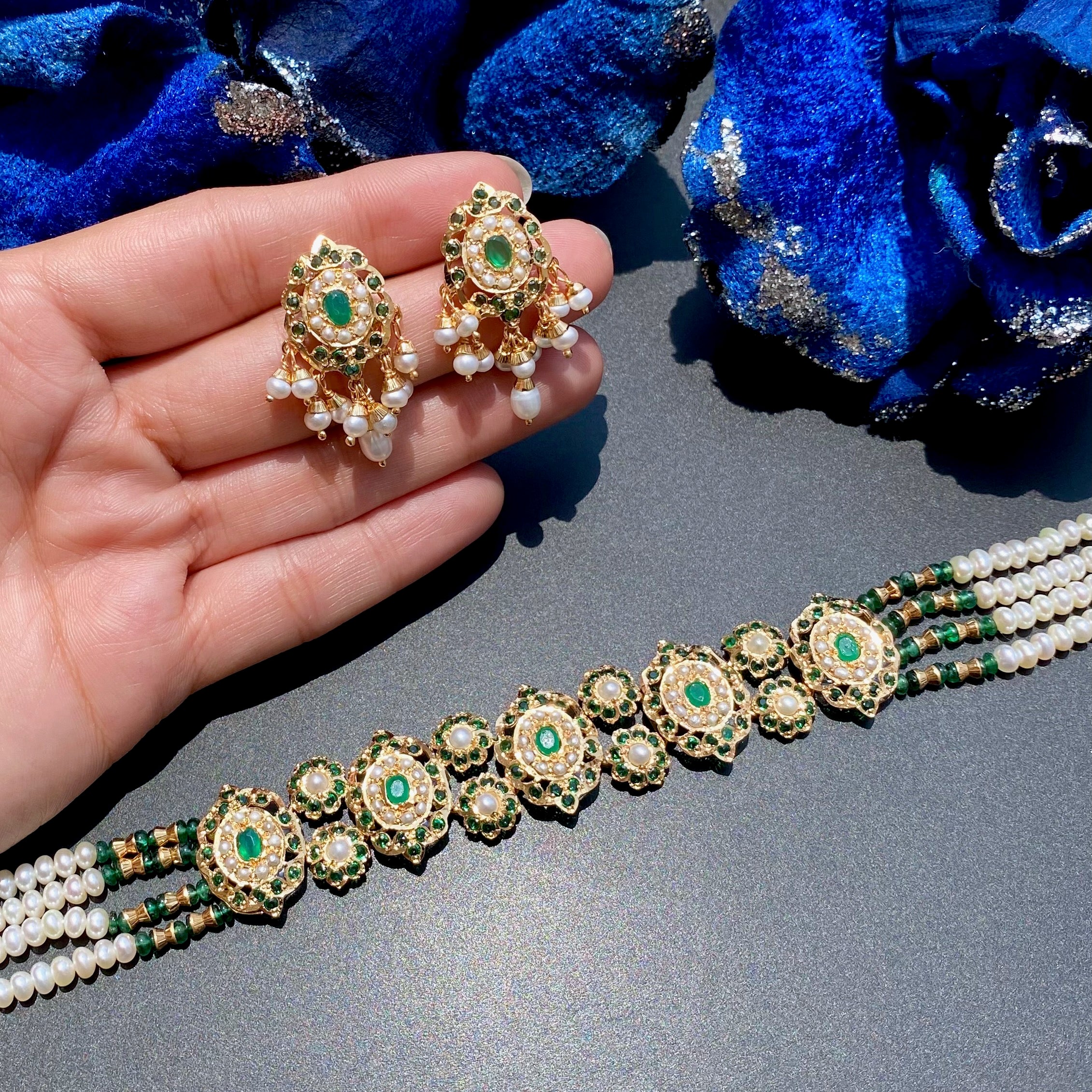 Emerald Green Choker Set | Gold Plated on Silver | Necklace Set for Destination Weddings